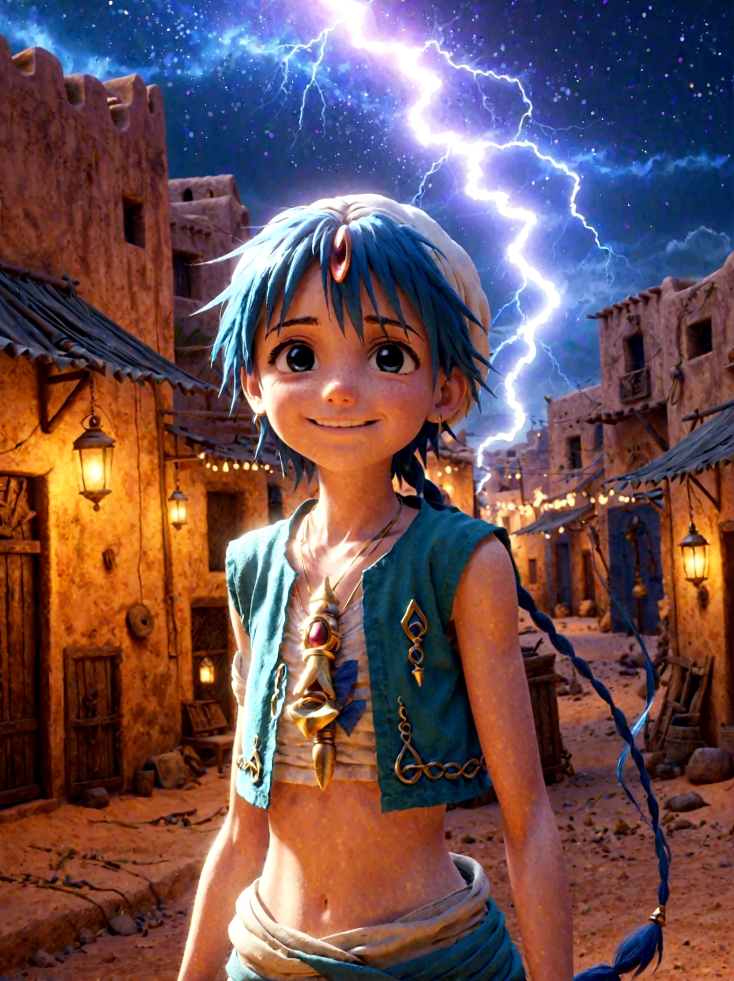 1boy，magi_aladdin，Standing alone in a desert town, He has short blue hair，With a braid，Wear a headscarf，Smiling，A flute pendant hangs around her neck，Wearing a blue vest, A magical explosion can be seen in the background，Super large magic circle，lightning，fighting，Mouth tightly shut，sneer，Soft lighting and detailed environments create an immersive environment，Let your imagination run wild with super details, Ultra-detailed face, High-quality visual effects, Sharp focus, Octane Rendering, 8k, Ultra HD