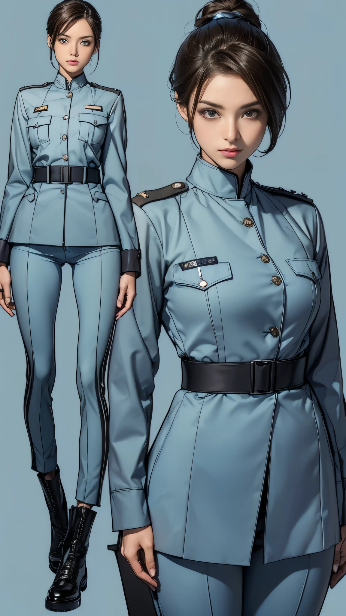 ((masterpiece)),(((highest quality))),((Reference Sheet, Character Design, front, return, ~ ~ ~ side, Mr...々Hairstyle, Mr...々performance, Facial Expressions)), 14-year-old girl, Cute type, (Very slim:1.4), (Very small :1.4), Realistic , (:1.3), Short Bob, Thin thighs, Long legs, It's not a big deal,(A female Earth Federation officer is walking), (Wearing Earth Federation military uniform, Light grey and light blue military uniform),(Worn by federal government employees'White Hat:1.5)