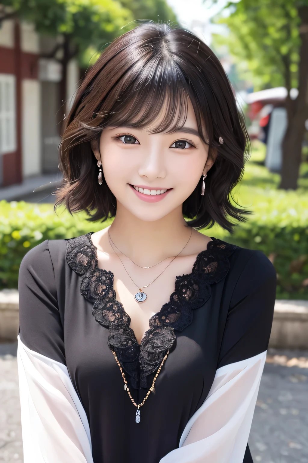 Beautiful young woman of the year、 Korean women、Black Hair、Wavy Hair、short hair、ear piercing、Necklace around the neck、blouse、smile, Beautiful teeth alignment、Intricate details, Very detailed:1.2), 、 Looking into the camera,The background is the town