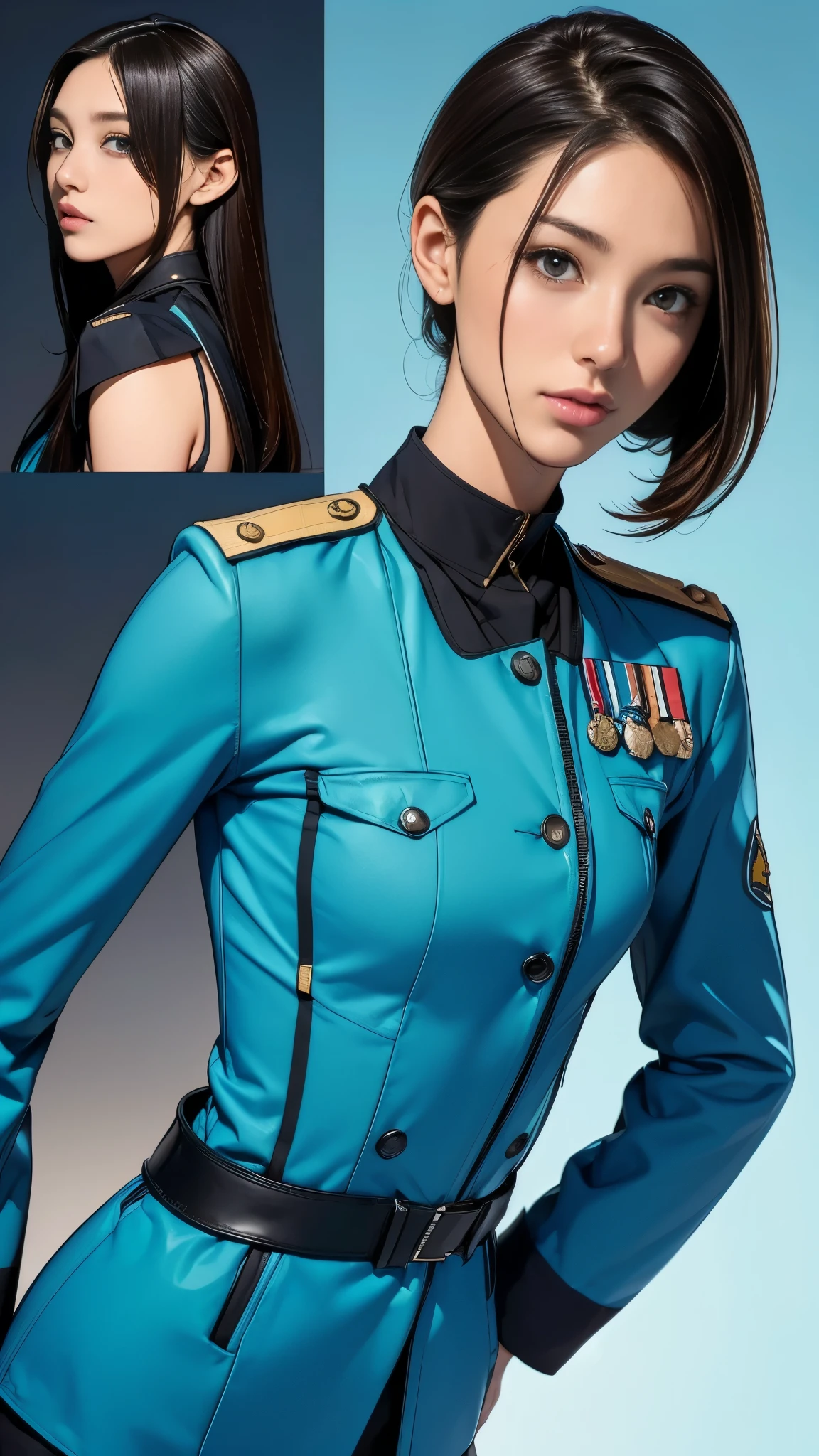 ((masterpiece)),(((highest quality))),((Reference Sheet, Character Design, front, return, ~ ~ side, Mr..々Hairstyle, Mr..々Performance, Facial Expressions)), 14-year-old girl, Cute type, (Very slim:1.4), (Very small ass:1.4), Realistic buttocks, Medium milk, Short brown hair,Thin thighs, Long legs, It's not a big deal,(A female Earth Federation officer is walking), (Wearing Earth Federation military uniform, White and light blue military uniform),(Worn by federal government employees'White Hat:1.5)