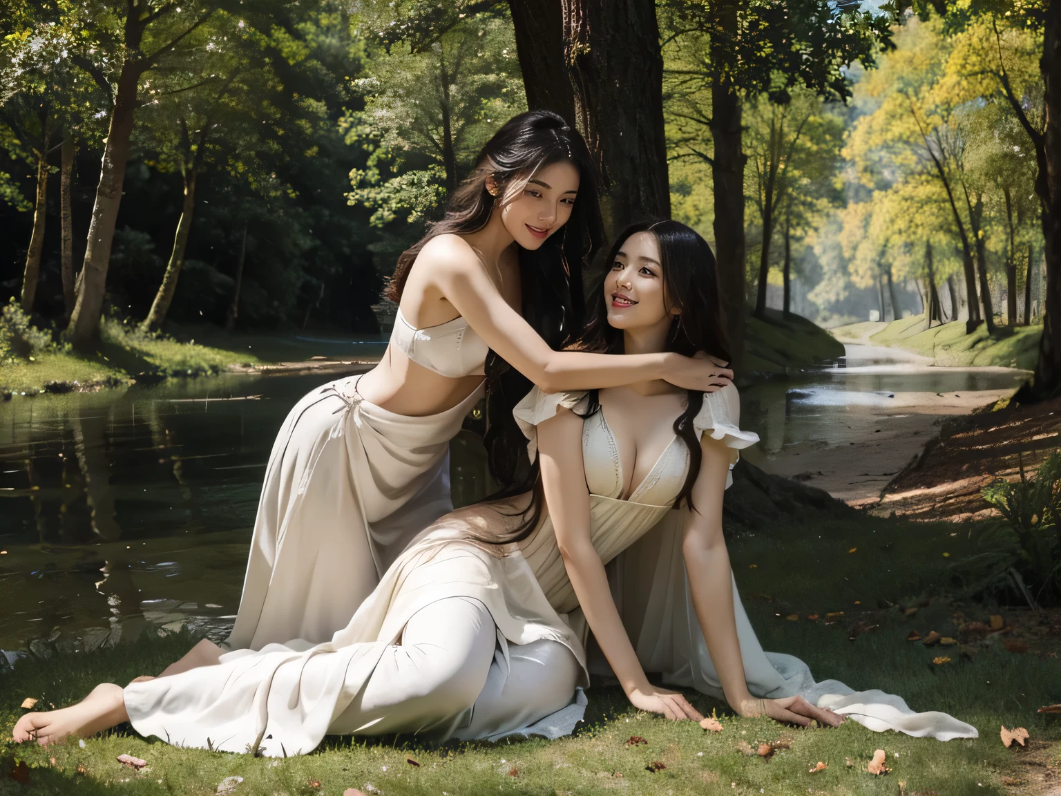 Giorgione painting style,Barbizon forest A beautiful woman in Greek dress smiles on the shore,Sweet and seductive appearance.、Caravaggio's paintings、Chiaroscuro of Caravaggio、hair tousled by the wind,Two women frolicking,cute smile, expression of ecstasy,Sexy,erotic, full body portrait