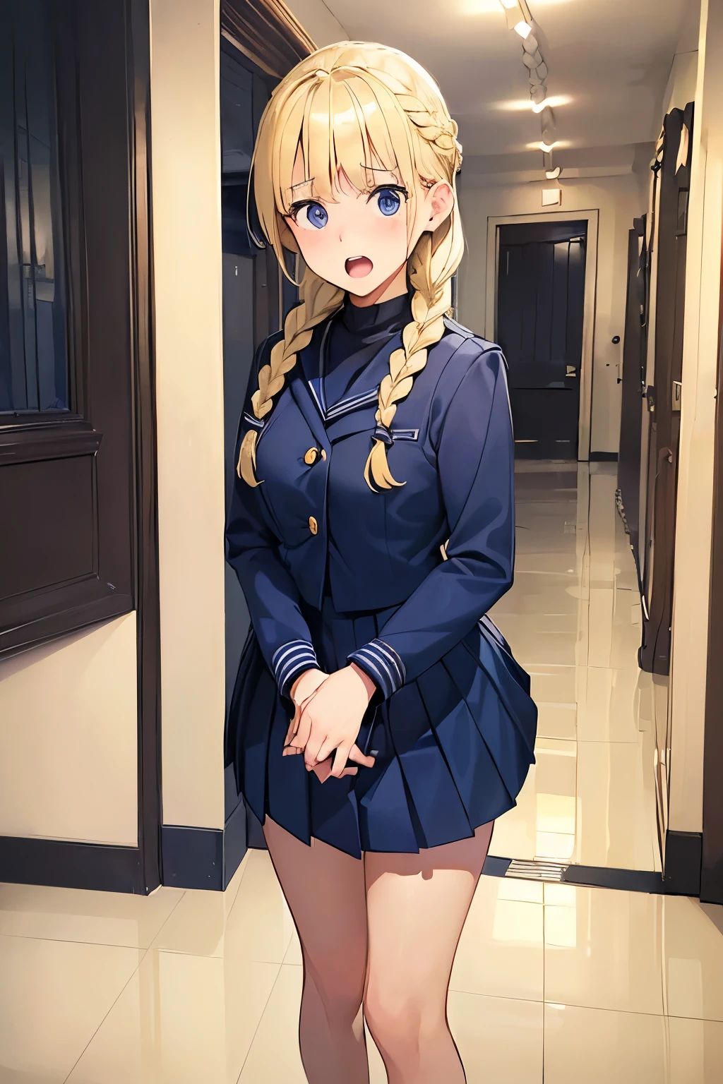 ((best quality)), ((masterpiece)), ((detailed)), (((perfect face))), (((18yo teen girl in navy blue suit, pleated skirt))), (((surprised:1.4))), (((blonde hair))), (((braid))) (((open mouth))), (((looking at viewer))), (((interior school corridor))), (((standing)))