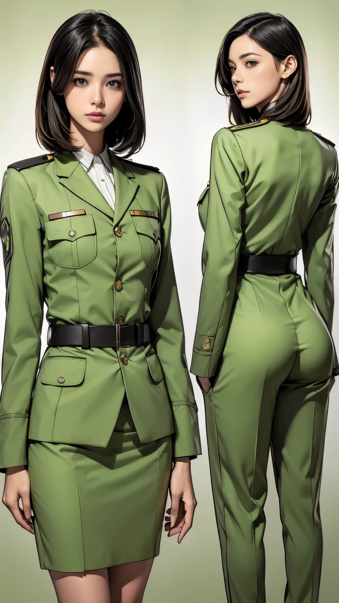 ((masterpiece)),(((highest quality))),((Reference Sheet, Character Design, front, return, ~ ~ side, Mr..々Hairstyle, Mr..々Performance, Facial Expressions)), -yeld gi Cute type, (Very slim:1.4), (Very small ass:1.4), Realistic buttocks, (Medium bust:1.4), Short Bob, Thin thighs, Long legs, It's not a big deal,(A female Earth Federation officer is walking), (Wearing Earth Federation military uniform, Light green and light yellow military uniforms),(Worn by federal government employees'White Hat:1.5)