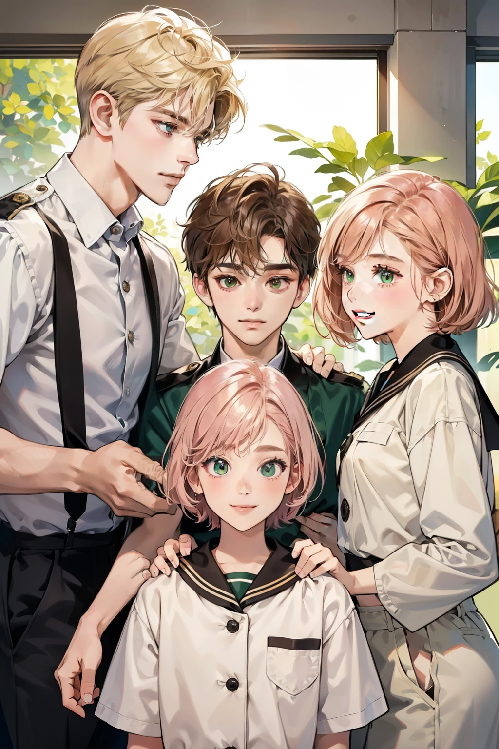 Friends, 3 boys and 2 girl, different hair color, short dark pink hair and brown eyes, short blonde hair and green eyes, short brown hair and brown eyes , in the school, side by side, cool, blonde hair boy is the tallest, light uniform, smile, white clothe