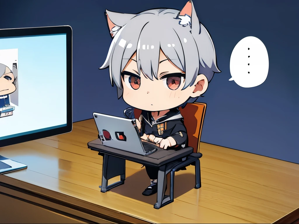 (chibi:1.3),(desk),(Sit on a chair:1.2),computer,Energy drinks,masterpiece, A world where magic and technology coexist, Cat Eared Man(Gray Hair, short hair) ,(boy),Hone your skills,Let me'Go on a journey to uncover the secrets of power., Beautiful Eyes,depicted in detail. The magician makes the most of the potential of his abilities..,We must learn how to unlock the true potential of modern magic,masterpiece, Cat Eared Man,Gray Hair, short hair),depicted in detail,