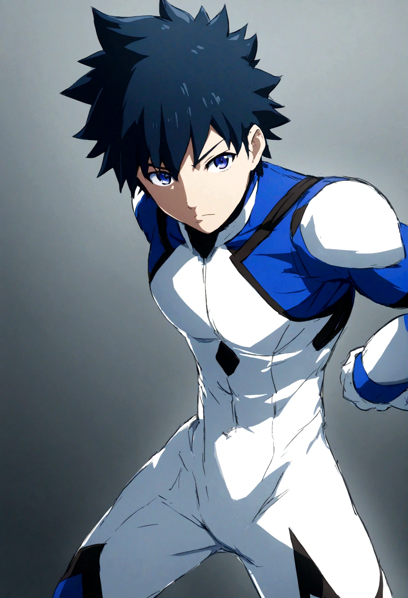 hero character, a young man, blue white sport hero outfit, grey background, anime, digital art