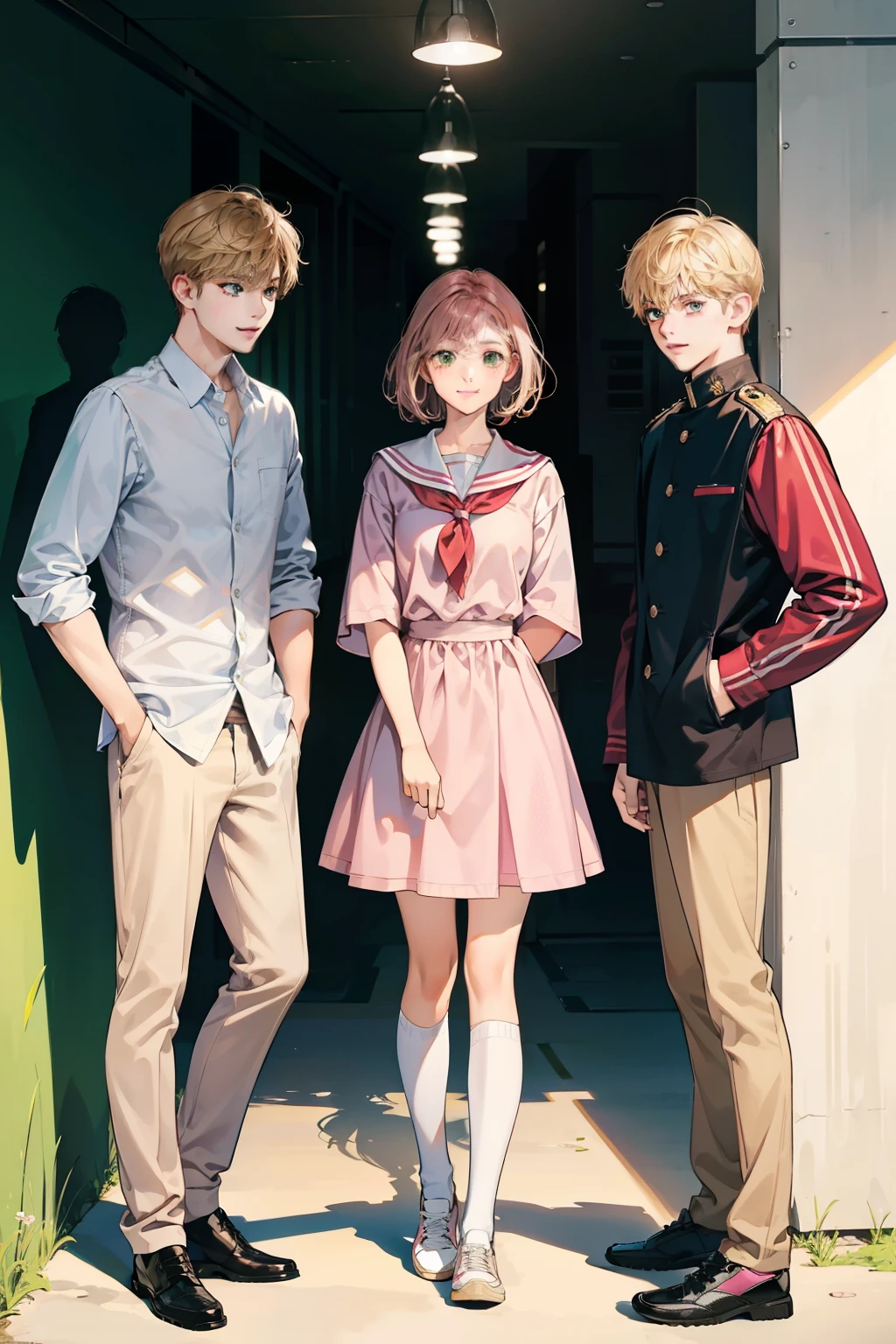 Friends, 3 boys and 2 girl, different hair color, short dark pink hair and brown eyes, short blonde hair and green eyes, short brown hair and brown eyes , in the school, side by side, cool, blonde hair boy is the tallest, light uniform, smile, white clothe