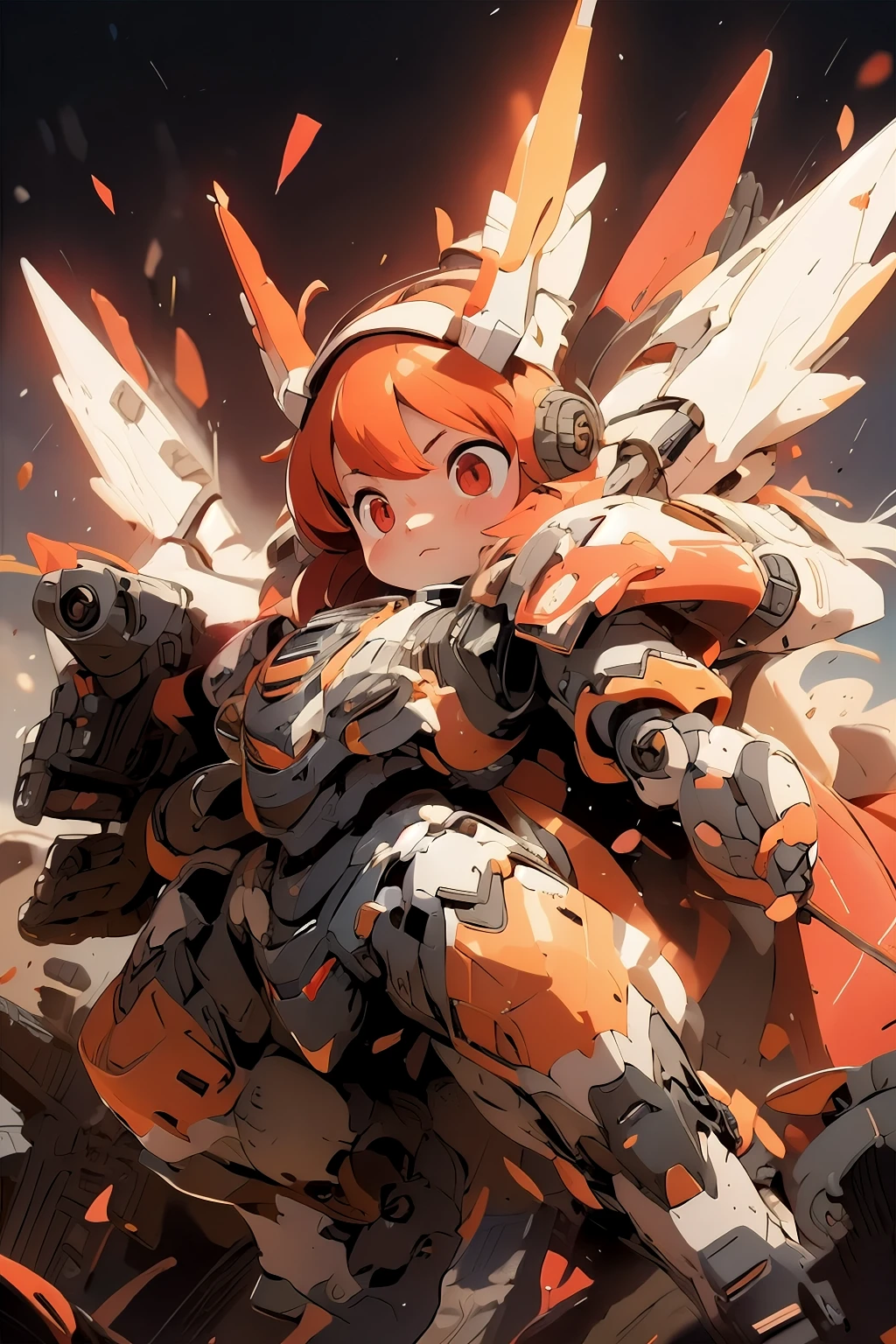 BREAK, ((masterpiece)), (((girl floating in the sky,))) vibrant colors, 8k, best quality, ultra detailed illustration, (large cute face), (short legs:1.2), high resolution, solo, Masterpiece, best quality, Mecha, perfect anatomy, ((from below)), bodysuit, red_eyes , chibi face, short hair, ((headgear)), robot joints, full armor, power armor, becoming a mecha, Fancy background, field, ((full body in frame, over size helm, flying, floating)), dynamic pose, fighting stance, ((low-angle)), ((low-angle view)), ((mechanical parts)), mechanical wings, (mechanical tail), mecha musume, full armor ,mecha musume, (RARS), (HRS), (full armor:2.0), (mecha armor:1.2) , (heroic parts:1.5), (huge shield:1.2), (battle-ready:1.2), (huge cannon:1.2), (huge-jetpack:2), (huger body:1.7), ((red coloring armor)), Heavy armament, heavy equipment, macro, close up, of the face, sharp focus, shining brightly hair, flawless skin textures, shiny oiled skin, extremely detailed anime eyes , extreme light and shadows, glowing eyes, (blue sky), white clouds, looking down, BJ_Cute_Mech,mecha musume, mechanical parts, mecha warrior, headgear, robot joints, full armor, becoming a mecha, ((looking down, glowing eyes)), colorful eyes, (looking down:2, grimace)
