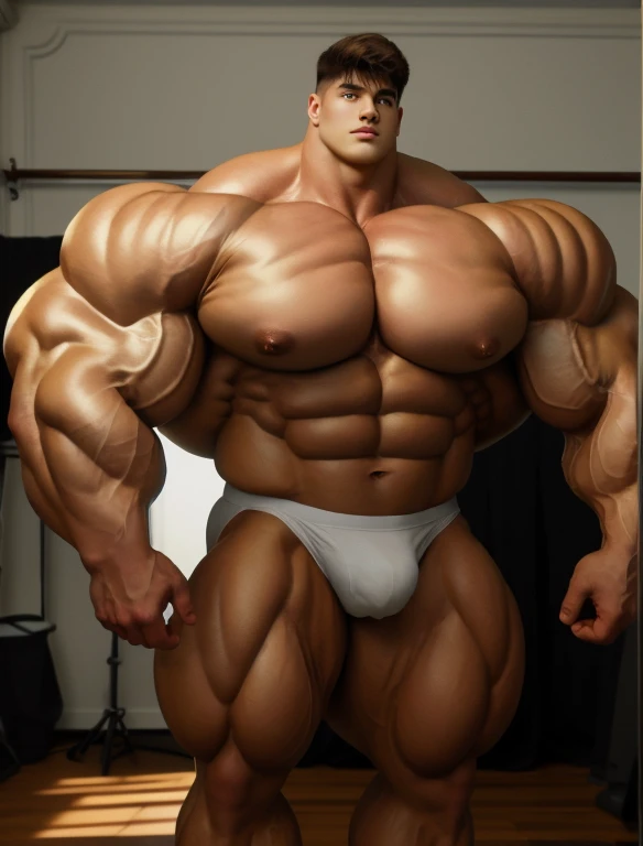 1boy, giant, model shoot style, staring, illuminating light, golden hour, strong body, bulk, large size, standing, in the photo studio room, white triangular underwear, prominent bulge, big, brutalmass, giant, muscular body, bulk, massive body, large meaty body size