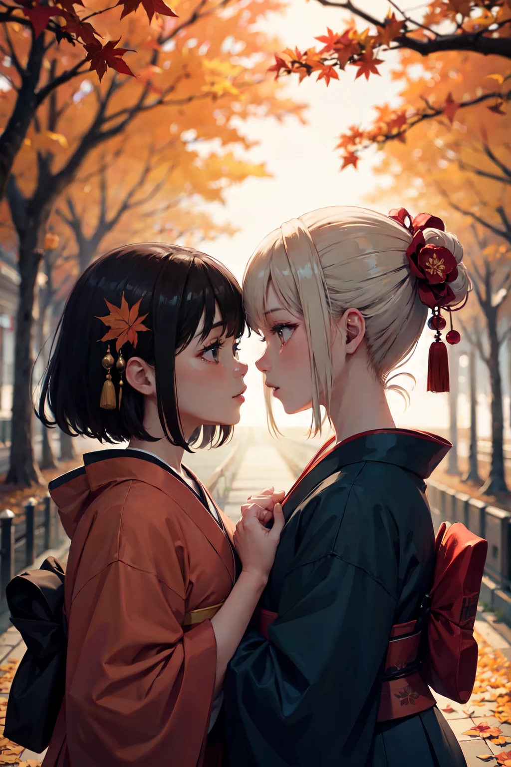 Cinematic lighting、highest quality、2 Girls、Girls kissing、Wear a kimono、night、autumn leaves、