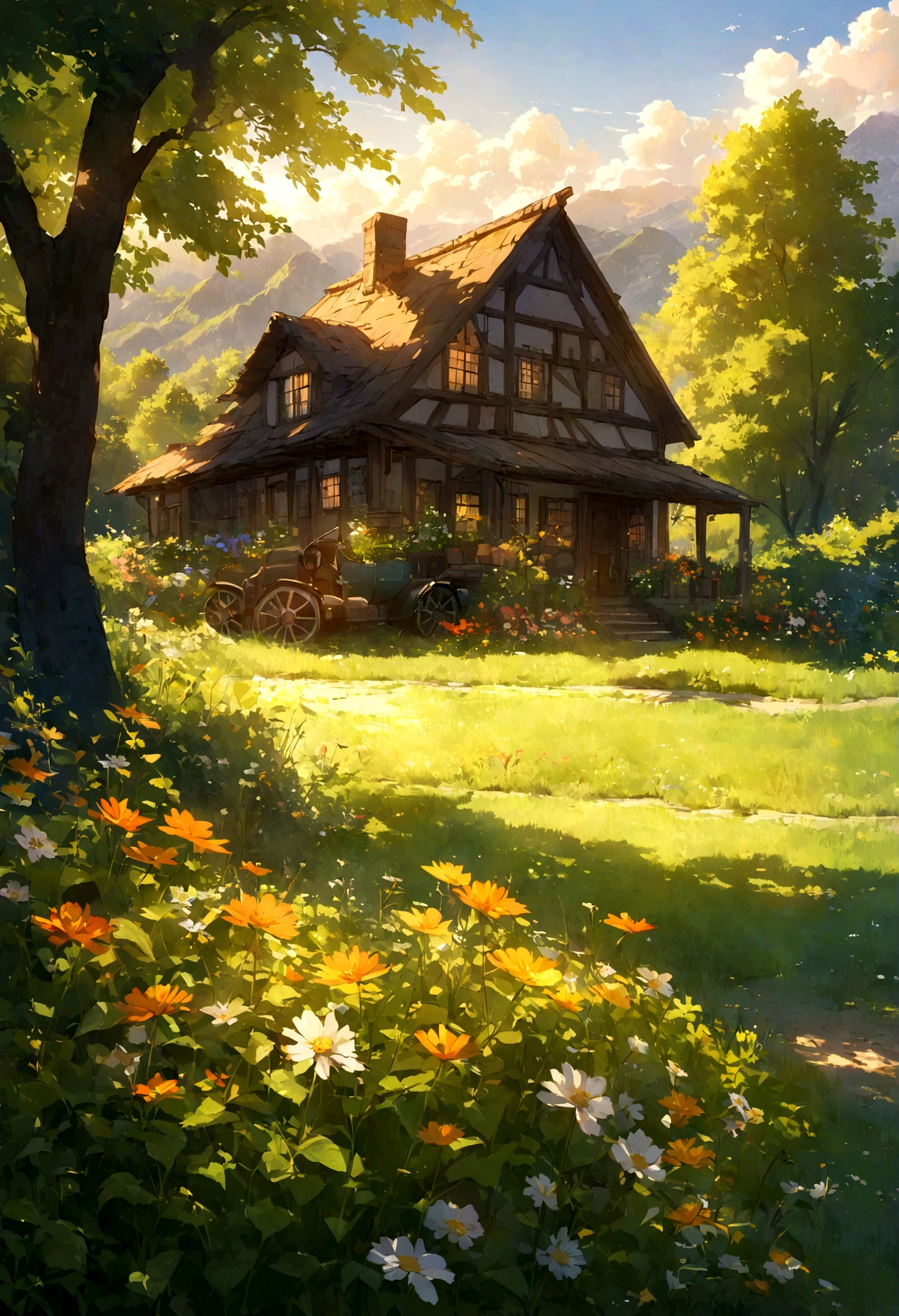 In a tranquil countryside setting reminiscent of a Studio Ghibli animation, a charming house stands peacefully among rolling green hills. The house, with its thatched roof and flower-filled garden, exudes a sense of warmth and coziness. In front of the house, a vintage car is parked, its polished exterior gleaming in the sunlight. The scene is framed by vibrant wildflowers and tall grasses that sway gently in the breeze. Far in the distance, majestic mountains rise against the horizon, their peaks reaching up to touch the sky adorned with fluffy, drifting clouds. The air is filled with the gentle sounds of nature—the rustling of leaves, the distant song of birds, and the soft whisper of the wind. Bathed in the golden light of the late afternoon sun, the scene captures the serene beauty and simple elegance of rural life, inviting viewers to lose themselves in its peaceful and enchanting atmosphere.