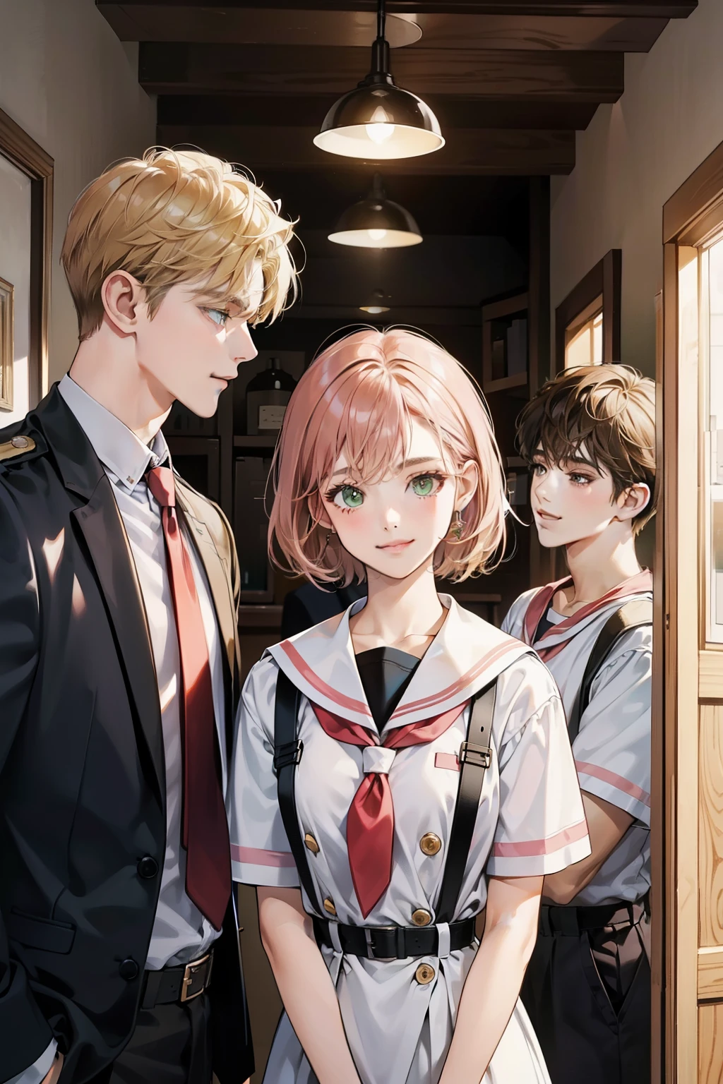 Friends, 3 boys and 2 girl, different hair color, short dark pink hair and brown eyes, short blonde hair and green eyes, short brown hair and brown eyes , in the school, side by side, cool, blonde hair boy is the tallest, light uniform, smile, white clothe