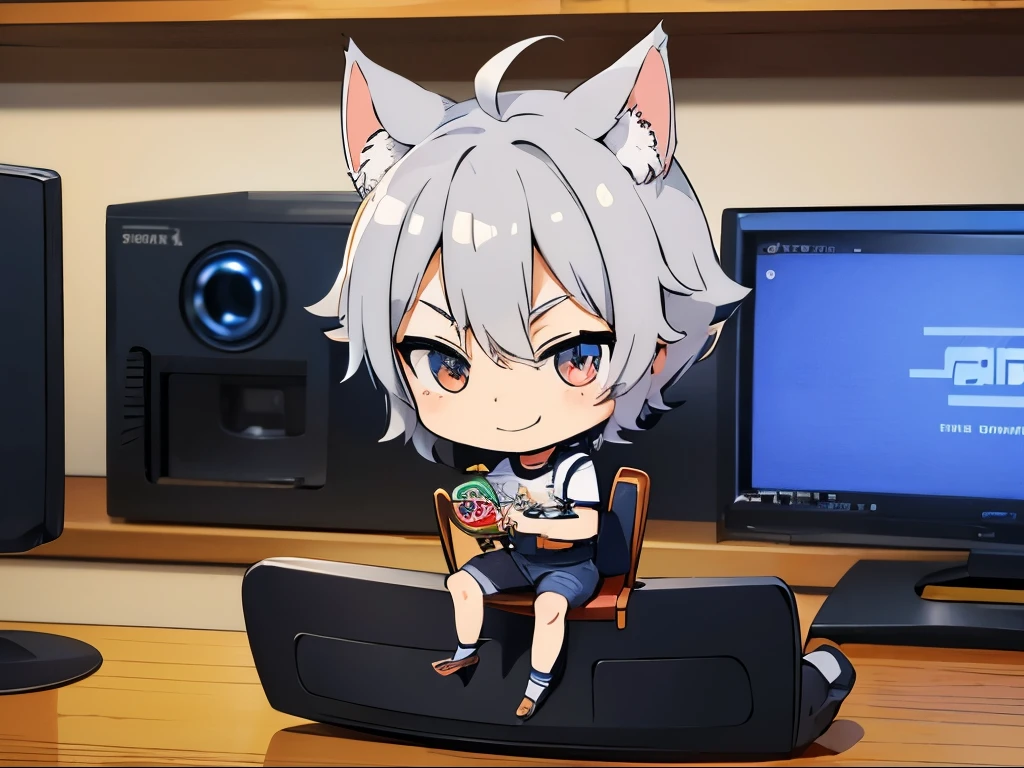 (chibi:1.3),(desk),(Sit on a chair:1.2),computer,Energy drinks,smile,fine,masterpiece, A world where magic and technology coexist, Cat Eared Man(Gray Hair, short hair) ,(boy),Hone your skills,Let me'Go on a journey to uncover the secrets of power., Beautiful Eyes,depicted in detail. The magician makes the most of the potential of his abilities..,We must learn how to unlock the true potential of modern magic,masterpiece, Cat Eared Man,Gray Hair, short hair),depicted in detail,