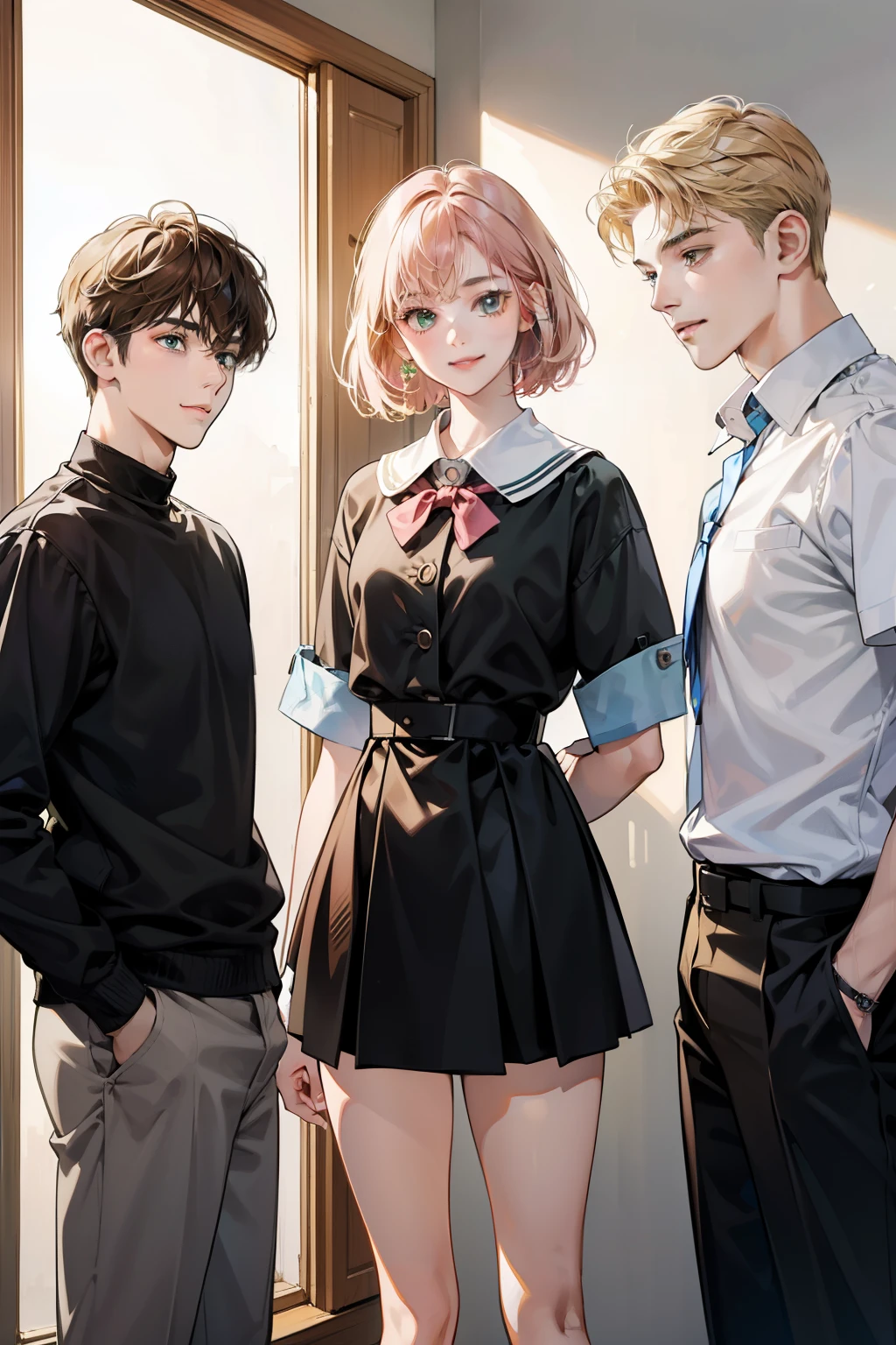 Friends, 3 boys and 2 girl, different hair color, short dark pink hair and brown eyes, short blonde hair and green eyes, short brown hair and brown eyes , in the school, side by side, cool, blonde hair boy is the tallest, light uniform, smile, white clothe