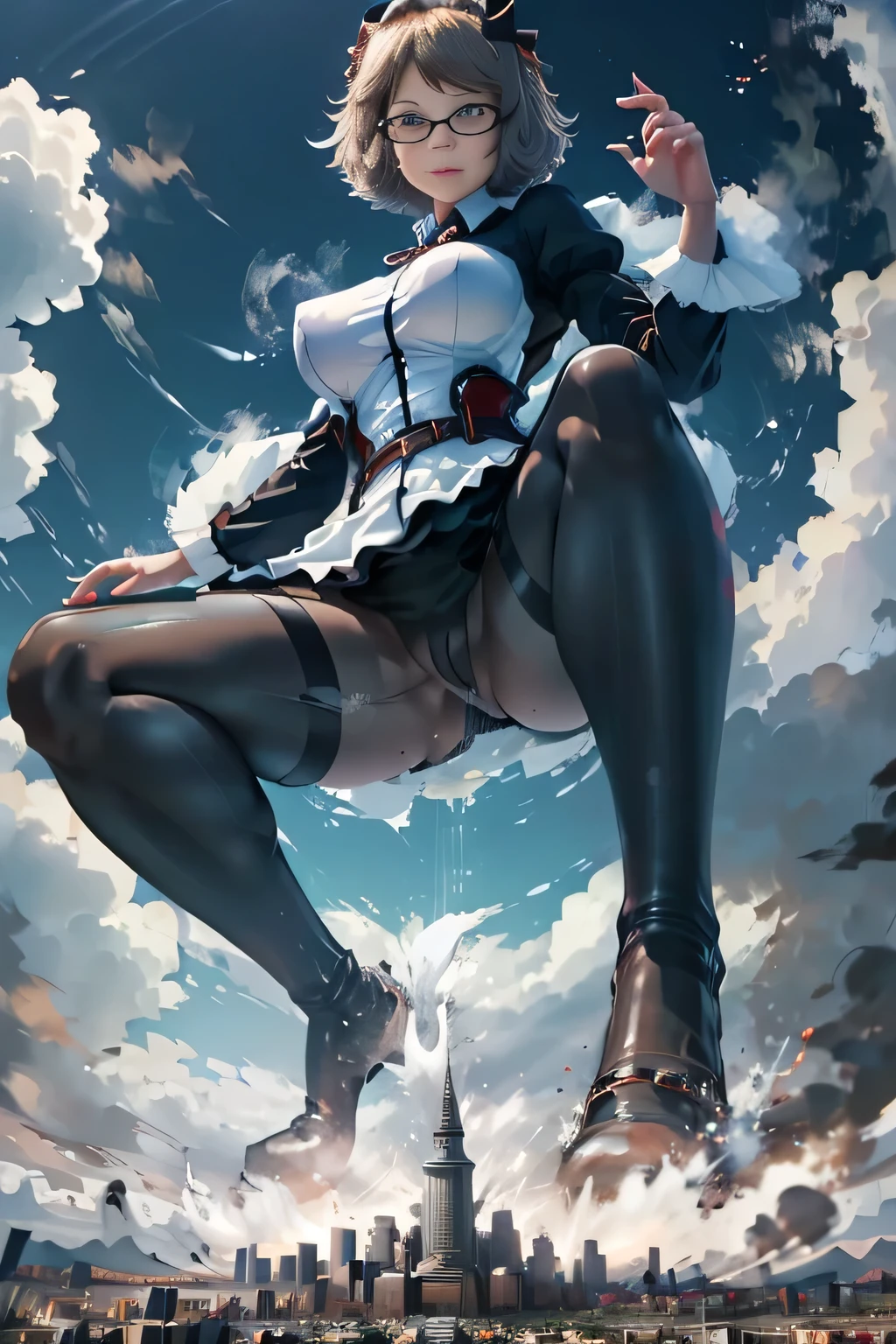 giantess art, highly detailed giantess shots, giantess, Two legs, Five fingers, short hair, A beautiful girl who is bigger than a skyscraper, Wearing rimless glasses, smile, Big Breasts, Maid clothes, Black Pantyhose, black pantyhose, no shoes on, toes visible through pantyhose, Steam coming out from the soles of my feet, Destroying cities, A very small big city, Miniature metropolis, Full body description, GTS, giga giantess, stomping city, crash city, tiny city, micro city, pantyhose feet, High resolution, highest quality, masterpiece, Maid, maid, transparent bodystocking,