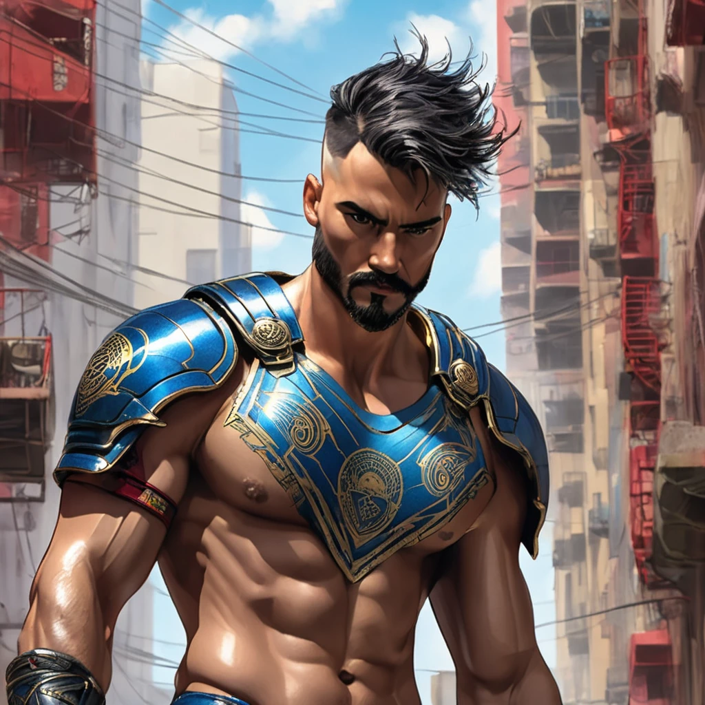 CG K ultrarrealista ,((de primera calidad、8K、32K、Obra maestra、nffsw:1.3)), (superfine illustration)、(super high resolution), (((cuerpo adulto))), (((1 chico en))), ((( pelo corto moderno))), 25 year old cyberpunk gladiator with perfect body, Hombreras con espinas de metal., Gladiadores in Brooklyn, (( bob de pelo corto )), Camiseta del equipo de rugby rota, Casi desnudo al estilo urbano salvaje de Simon Bisley, pelo rubio corto, ropa minima, Metallic protection on the left arm with complex graphics...., Rojo oscuro con estrellas blancas y rayas azules y blancas.,(( dynamic action pose:1.5)), armadura, Lleno de puntas y remaches., Tatuaje de veneno (((Imagen desde la rodilla hacia arriba))), pelo rubio blanco corto, En el fondo、 There is a wall with an intricate design painted by Shepard Fairey....