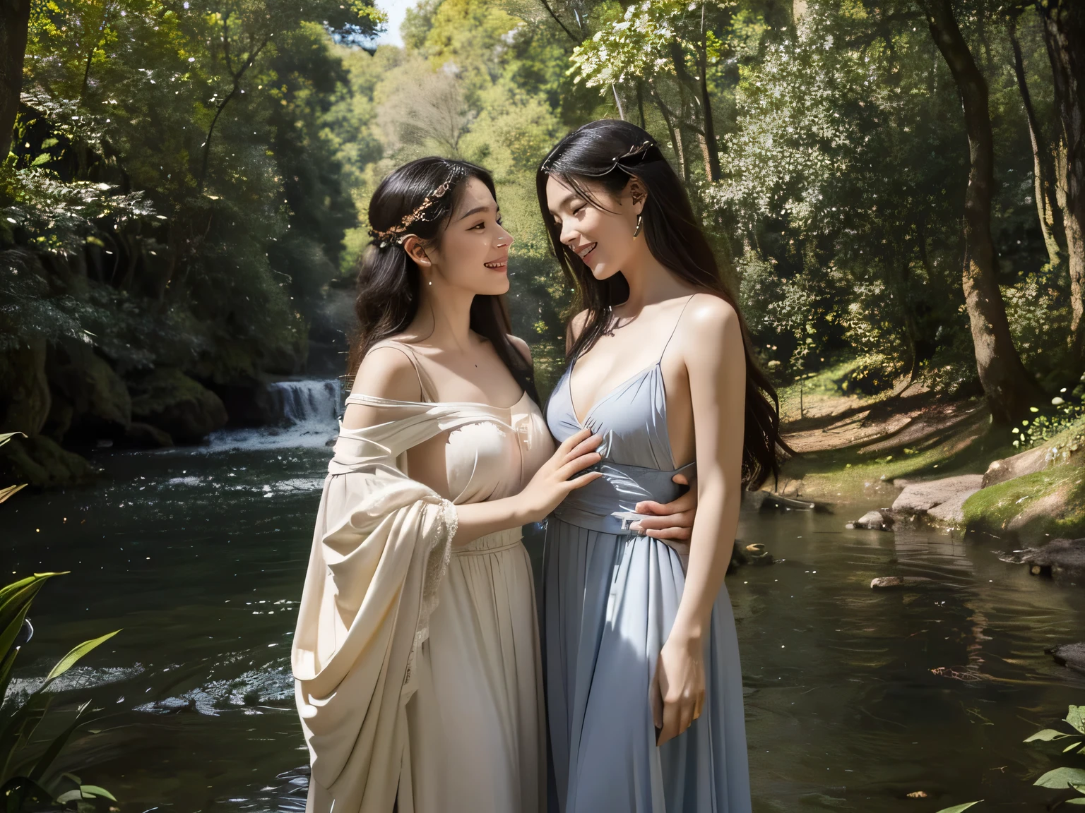 Giorgione painting style,Barbizon forest A beautiful woman in Greek dress smiles on the shore,Sweet and seductive appearance.、Caravaggio's paintings、Chiaroscuro of Caravaggio、hair tousled by the wind,Two women frolicking,cute smile, expression of ecstasy,Sexy,erotic, full body portrait