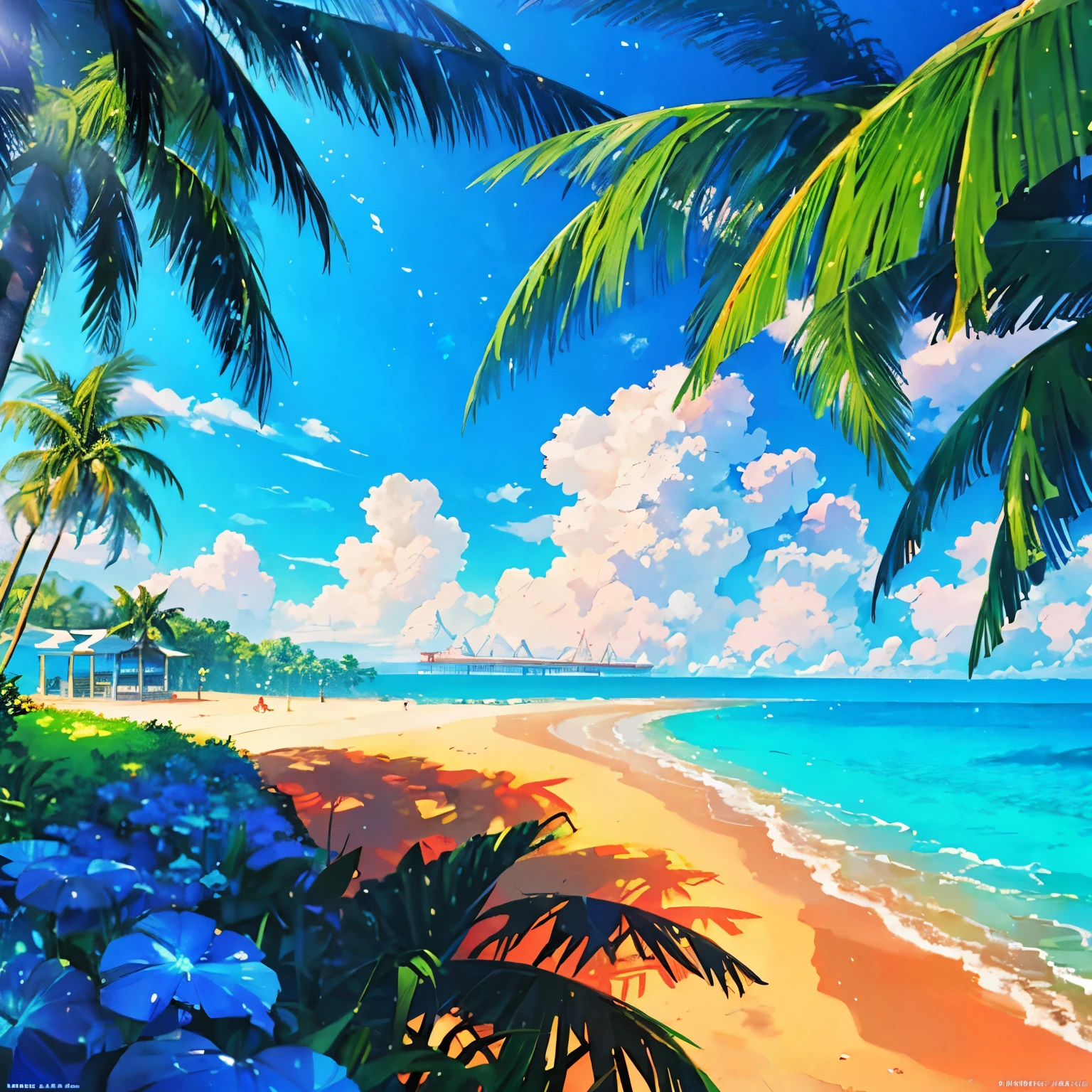 Summer Beach,coconut tree,The color is dominated by blue, Beautiful sight, Beautiful animation, Rich details, high quality, Clarity 4K, Artistic 4K wallpaper, Stunning anime scenery, 8k art wallpaper.