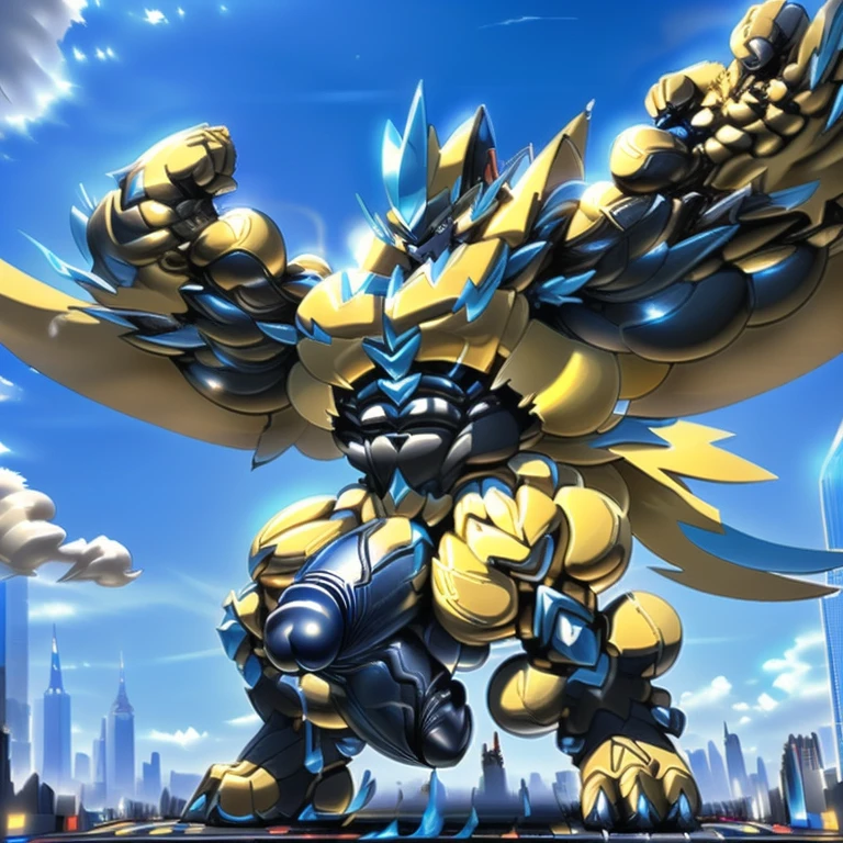 (masterpiece. official art. 8k. best quality. detailed full body. full body.)
(situation 1 : dominating zeraora. Zeraora is over 1000 meters long. focus GIANT mechanical Muscular Zeraora is trampling the city. Looking down. macro. stomp. Low-angle perspective. emphasizing the immense size.)
(situation 2 :smoke and flames rising from the destruction in the city)
(Additional details 1: wearing a full-face helmet. high-tech bio-mecha armor. real texture material. whole body shines like metal. Wearing cyberpunk mecha. emphasizes the muscles. suit fully made of metal. intricate armor. Robotic suit. suit fully made of metal. cyborg. Powered exoskeleton with the same design as Zeraora).
(Additional details 2: (Detailed head. Detailed Body. Detailed abs. gigantic muscles. HYPER MUSCLES. Gigachad Muscular. big muscle. pecs. triceps. traps. unusually developed muscular body. body full of huge muscles. showing off muscles. pectorales enormes. Exaggeratedly huge muscles. huge muscles. long legs.).
(Additional details 3: Spread wings. It has wings. have big wings. golden wings. The claws are sharp. Sharp teeth.).
(Additional details 4: black color hyper penis. hyper black penis. big penis)
(Additional details 5: focus GIANT zeraora. Zeraora's focus GIANT robot. gundam.)