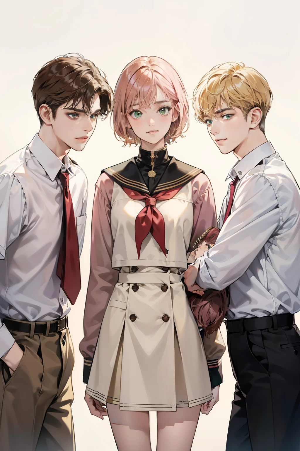 Friends, 3 boys and 2 girl, different hair color, short dark pink hair and brown eyes, short blonde hair and green eyes, short brown hair and brown eyes , in the school, side by side, cool, blonde hair boy is the tallest, light uniform, smile, white clothe