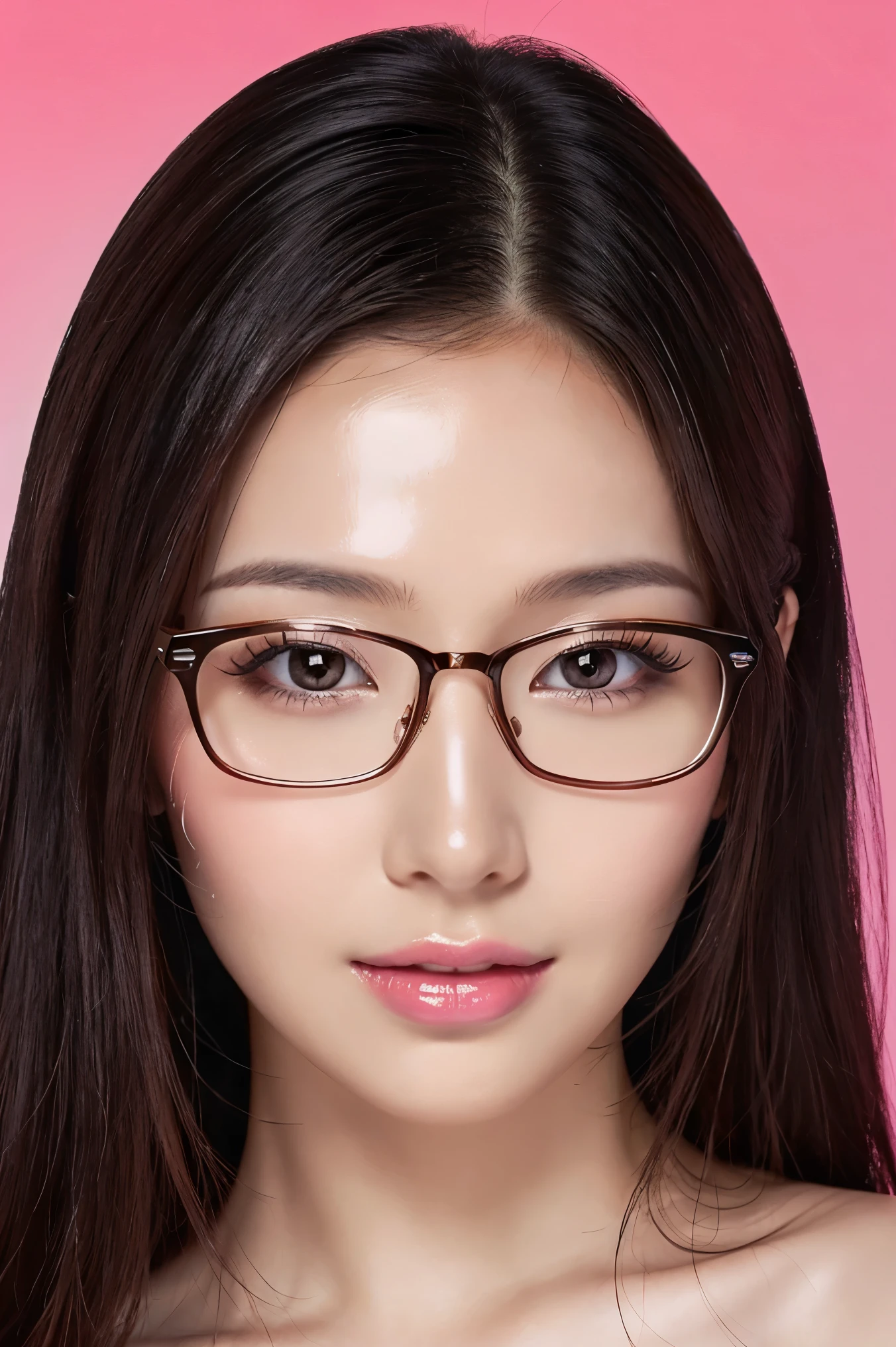 (highest quality、Tabletop、8k、Best image quality、Award-winning works)、One beautiful woman、Age 25、Perfect beautiful composition、(Very long hair:1.1)、(Classy glasses:1.1)、look at me、Perfect Makeup、Fascinating、Overflowing with sexiness、Lustrous and bright lips、Accurate anatomy、(Face close-up:1.3)、(nude:1.1)、Ultra-high definition beauty face、Ultra HD Hair、Ultra-high quality moisturizing eyes、(Ultra-high resolution glossy skin:1.1)、Ultra-high quality glossy lips、(Light pink solid background:1.1)