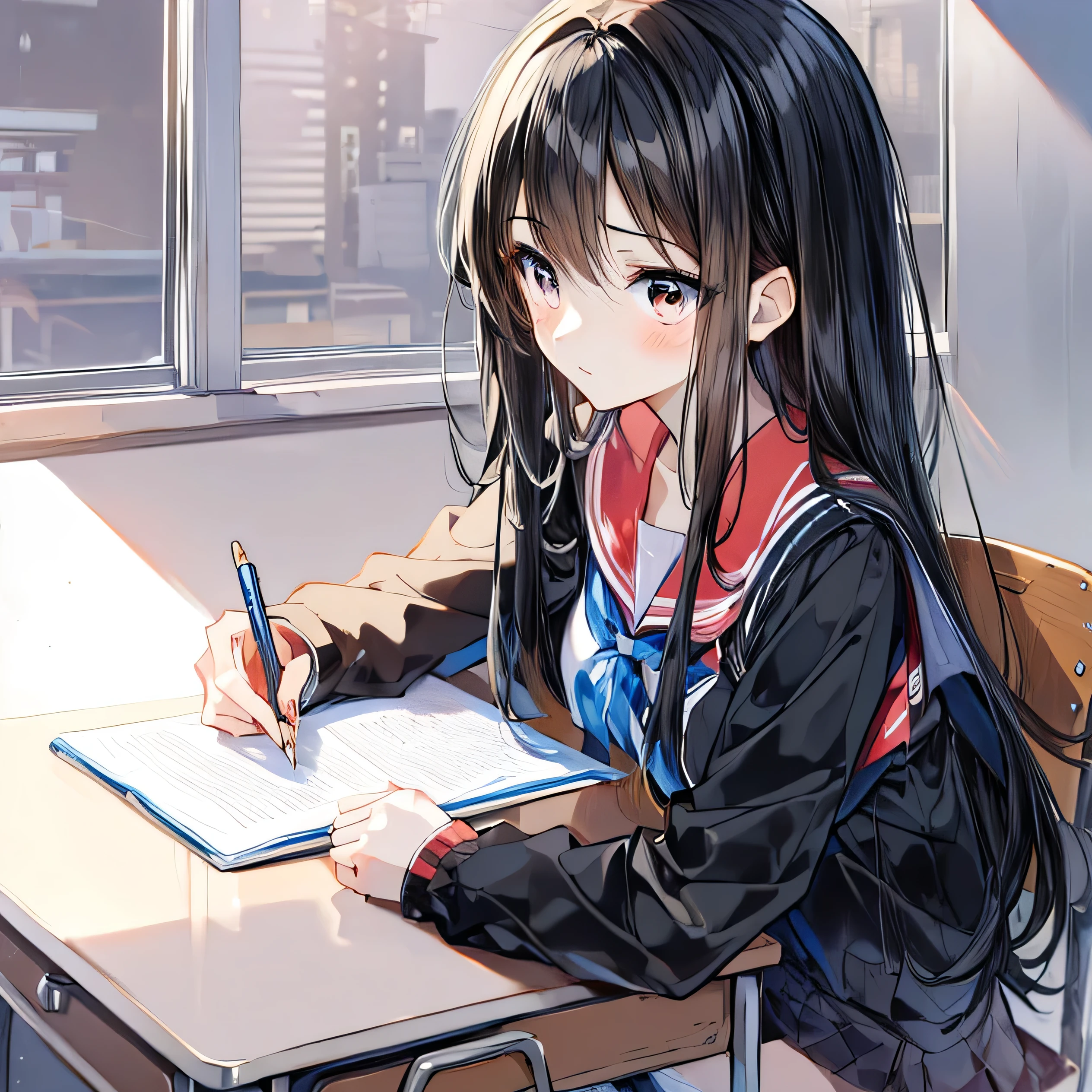 (masterpiece, best quality:1.2), 1 anime girl with long black hair ,school,(exam:1.3),classroom,study,perfect face, huge class, having a pencil, writing, taking a note ,1 girl,(solo:1.3),