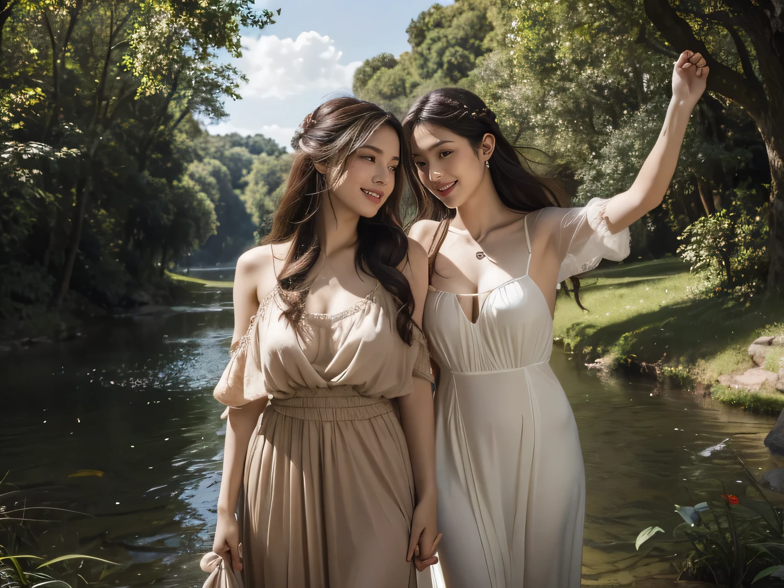 Giorgione painting style,Barbizon forest A beautiful woman in Greek dress smiles on the shore,Sweet and seductive appearance.、Caravaggio's paintings、Chiaroscuro of Caravaggio、hair tousled by the wind,Two women frolicking,cute smile, expression of ecstasy,Sexy,erotic, full body portrait