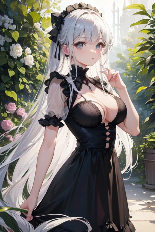 (best quality,4k,8k,highres,masterpiece:1.2),ultra-detailed,(realistic,photorealistic,photo-realistic:1.37),girl,goth,cute,ta,perspective,photo shooting,pose,model,illustration,black and white,vivid colors,soft lighting,fine detailing,lace dress,mysterious,romantic,hauntingly beautiful,fantasy setting,fragile beauty,subtle emotions,vintage feel,dreamlike atmosphere,lush garden background,delicate flowers,long flowing hair,intense gaze,ethereal charm.