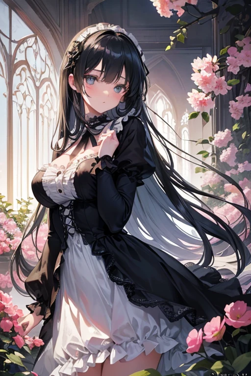 (best quality,4k,8k,highres,masterpiece:1.2),ultra-detailed,(realistic,photorealistic,photo-realistic:1.37),girl,goth,cute,lolita,perspective,photo shooting,pose,model,illustration,black and white,vivid colors,soft lighting,fine detailing,lace dress,mysterious,romantic,hauntingly beautiful,fantasy setting,fragile beauty,subtle emotions,vintage feel,dreamlike atmosphere,lush garden background,delicate flowers,long flowing hair,intense gaze,ethereal charm.