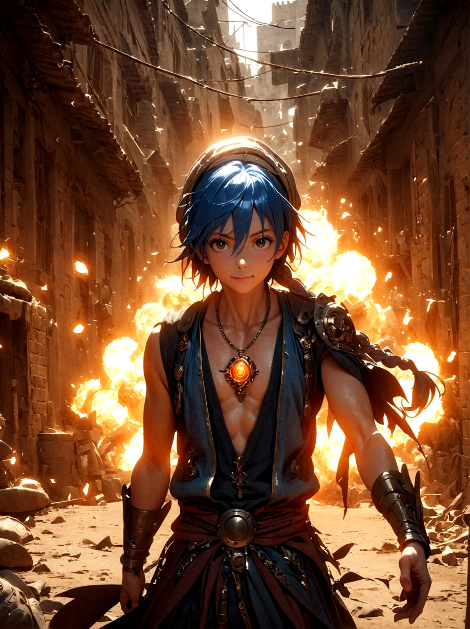 1boy，magi_aladdin，Standing alone in a desert town, He has short blue hair，With a braid，Wear a headscarf，Smiling，A flute pendant hangs around her neck，Wearing a blue vest, A magical explosion can be seen in the background，Super large magic circle，lightning，fighting，Mouth tightly shut，sneer，Soft lighting and detailed environments create an immersive environment，Let your imagination run wild with super details, Ultra-detailed face, High-quality visual effects, Sharp focus, Octane Rendering, 8k, Ultra HD