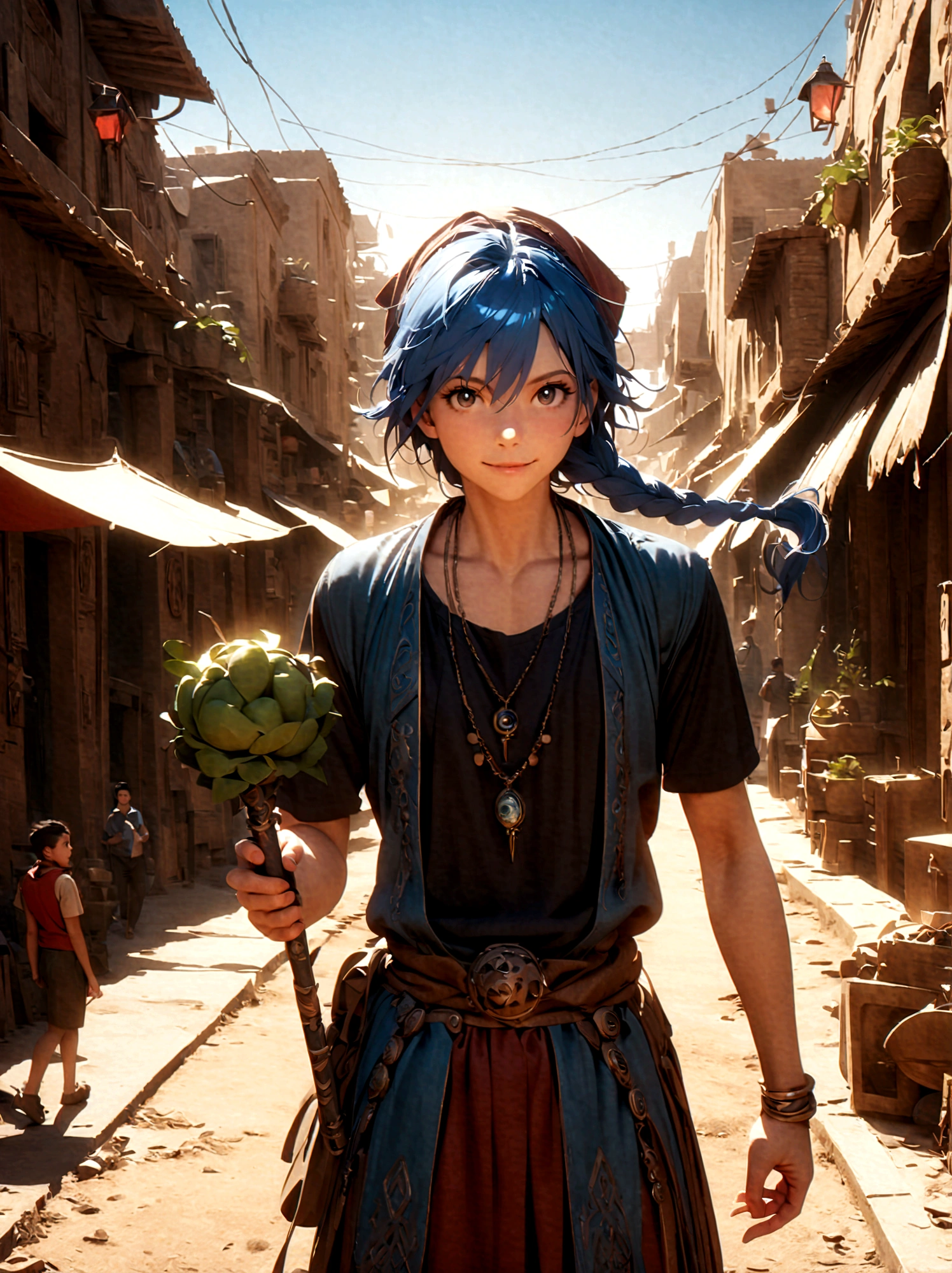 1boy，magi_aladdin，Standing alone in a desert town, He has short blue hair，With a braid，Wear a headscarf，Smiling，A flute pendant hangs around her neck，Wearing a blue vest, A magical explosion can be seen in the background，Super large magic circle，lightning，fighting，Mouth tightly shut，sneer，Soft lighting and detailed environments create an immersive environment，Let your imagination run wild with super details, Ultra-detailed face, High-quality visual effects, Sharp focus, Octane Rendering, 8k, Ultra HD