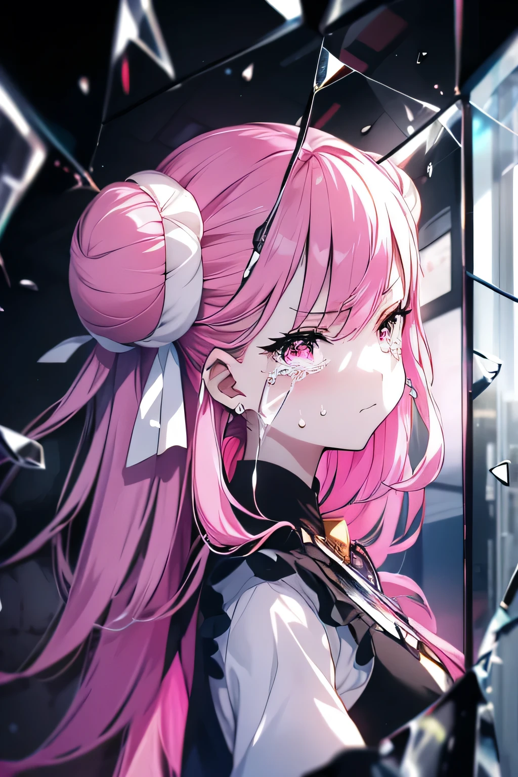 anime,silhouette,One girl, star (null), cloud, cityscape, building, city, Outdoor, nullscraper, city lights, night, night null, sunset, nullline, (Hair Ribbon:0.4),(((White bun hair))),(((Long pink hair))),(((Angry face))),(((Tears))),(((Breaking the glass))),(((Pink glass))),(((pink々Glass))),(((The entire glass breaks))),