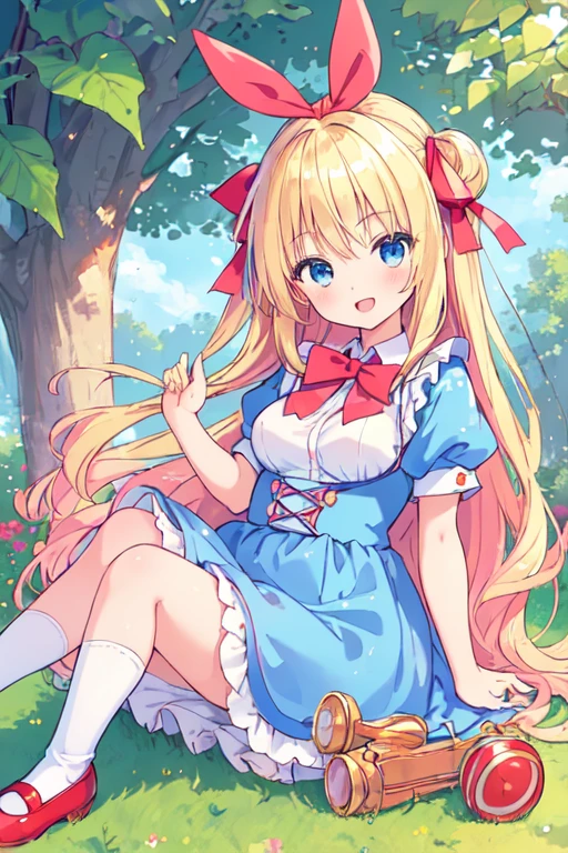 (best quality, masterpiece:1.2), illustrations, a cute girl, cute face, kawaii, early ,
 10-ye-olblondair, long hair, straight hair, shiny hair,
 blue eyes,
 medium breasts,
 smile, open mouth,
 light blue alice costume, red shoes, hair ribbon, white socks, alice in wonderland,