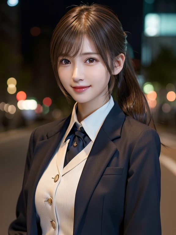 1 Japanese girl,(business suit:1.4),(Collared shirt) (RAW Photos, highest quality), (Realistic, Photorealistic:1.4), Very delicate and beautiful, Very detailed, 8k wallpaper, wonderful, In detail, Very detailedなCG Unity, High resolution, Soft Light, Beautifully detailed 19 year old girl, Very detailedな目と顔, Beautifully detailed nose, Beautiful fine details,Cinema Lighting,City lights at night,Perfect Anatomy,Slender body,,Large Breasts,Bright smile (Asymmetrical bangs, Light brown hair,ponytail)