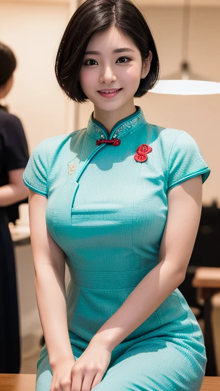(RAW Photos:1.2), (Realistic:1.4), Beautiful detailed girl, Very detailed eyes and face, Beautiful details, Ridiculous, incredibly Ridiculous, Large file size, Very detailed, High resolution, Very detailed, highest quality, masterpiece, kemomimi, ((Japanese Girls)),、 shape, Very detailed, CG, Unified, 8k wallpaper, wonderful, Fine details, masterpiece, highest quality, Very detailed CG uniform 8k wallpaper, Light on the face, Cinema Lighting,( One Girl),Feeling Face、(Big Ass)、(Full Body Shot)、((qipao))、((No sleeve))(Ample breasts:1.3)、24-years-old、very,short hair、Shiny black hair、Looking into the camera、(Big Smile 1:4):((Upper body from the knee up))