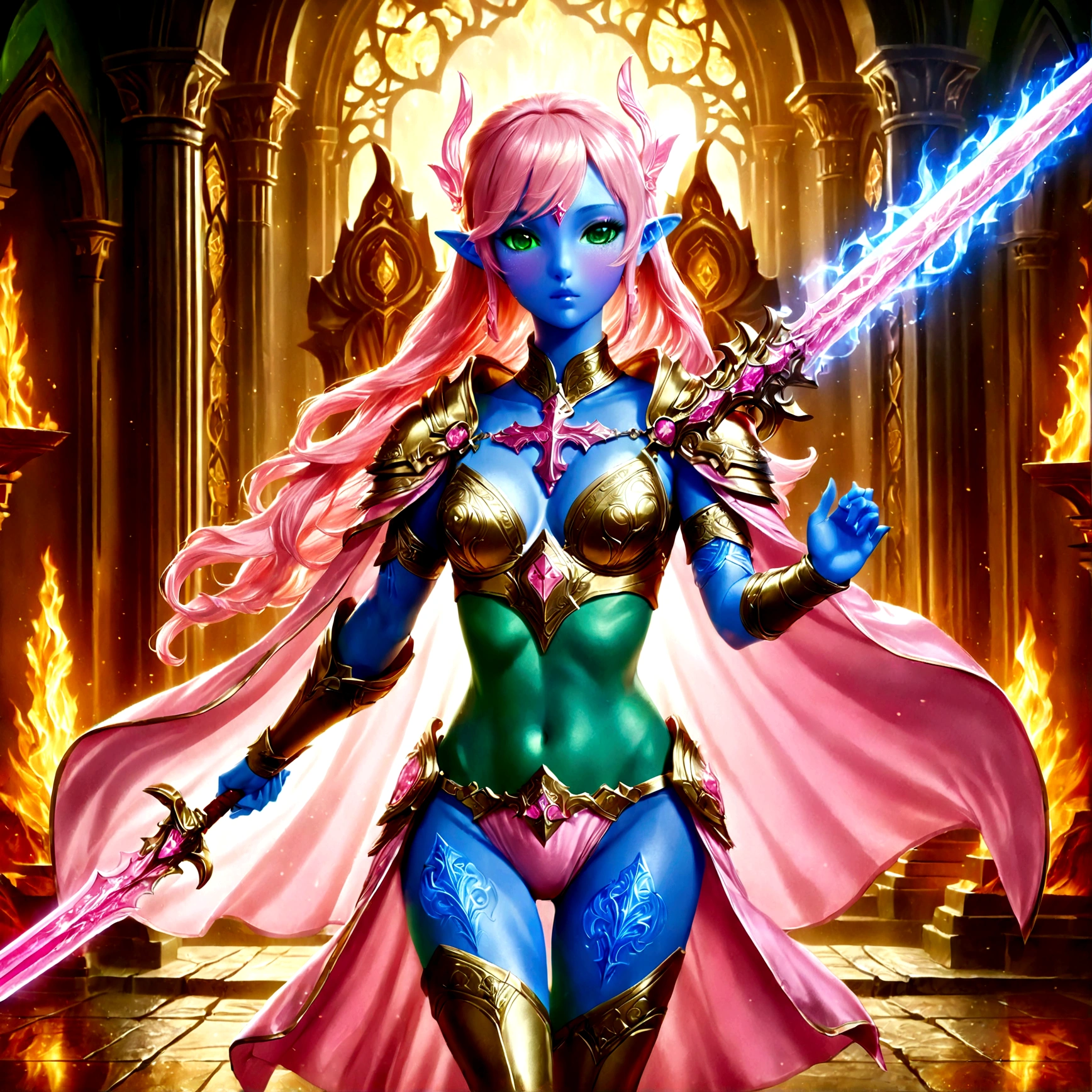 fantasy art, dnd art, RPG art, wide shot, (masterpiece: 1.4) a (portrait: 1.3) intense details, highly detailed, photorealistic, best quality, highres, portrait a female (fantasy art, Masterpiece, best quality: 1.3) ((blue skin: 1.5)), intense details facial details, exquisite beauty, (fantasy art, Masterpiece, best quality) cleric, (blue: 1.3) skinned female, ((pink hair: 1.5)), long hair, ((no ears: 1.5)), (green: 1.3) eye, fantasy art, Masterpiece, best quality) armed a fiery sword red fire, wearing heavy (white: 1.3) half plate mail armor, wearing high heeled laced boots, wearing an(orange :1.3) cloak, wearing glowing holy symbol GlowingRunes_yellow, within fantasy temple background, reflection light, high details, best quality, 16k, [ultra detailed], masterpiece, best quality, (extremely detailed), close up, ultra wide shot, photorealistic, RAW, fantasy art, dnd art, fantasy art, realistic art,((best quality)), ((masterpiece)), (detailed), perfect face, colouredglazecd_xl