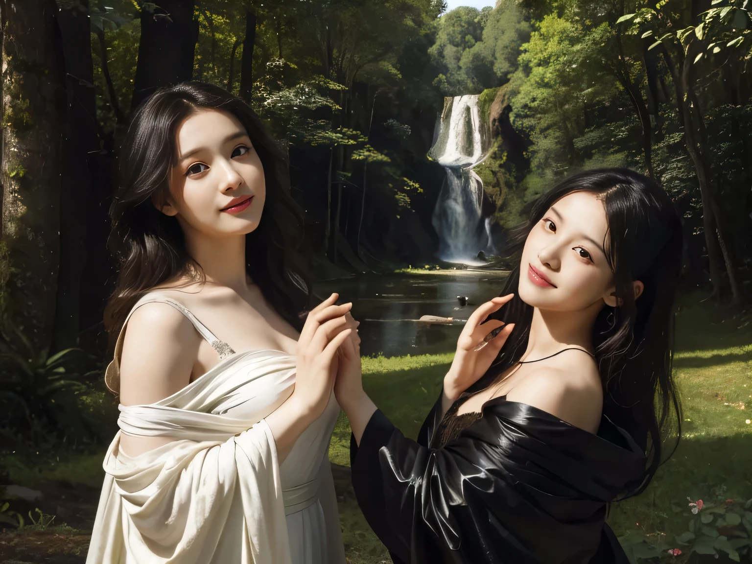 Giorgione painting style,Barbizon forest A beautiful woman in Greek dress smiles on the shore,Sweet and seductive appearance.、Caravaggio's paintings、Chiaroscuro of Caravaggio、hair tousled by the wind,Two women frolicking,cute smile, expression of ecstasy,Sexy,erotic, full body portrait