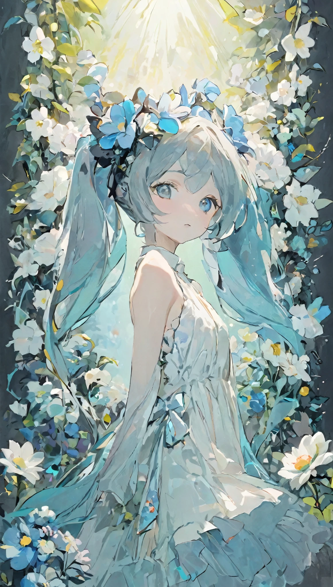 Beautiful woman、Hatsune Miku、flower arrangement、Wabi-sabi art、かわいいface、Very detailed_face_eye、Very detailedなface、White Dress、black、gray、Light blue color tone、parchment、抽象的flower arrangement、Three big flowers、Surreal art、silence、wallpaper、highest quality、masterpiece、High resolution、８ｋ