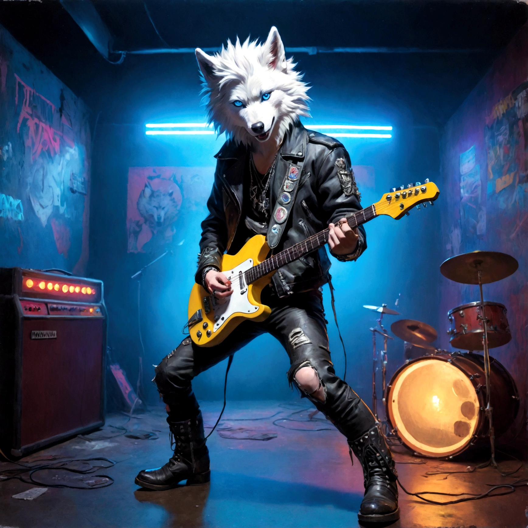 a white wolf with blue eyes wearing a punk outfit playing the lead guitar in a band, has blue mowhawk, has leather patched jacket, wearing torn boots, shredding on guitar, many multi colored neon lights