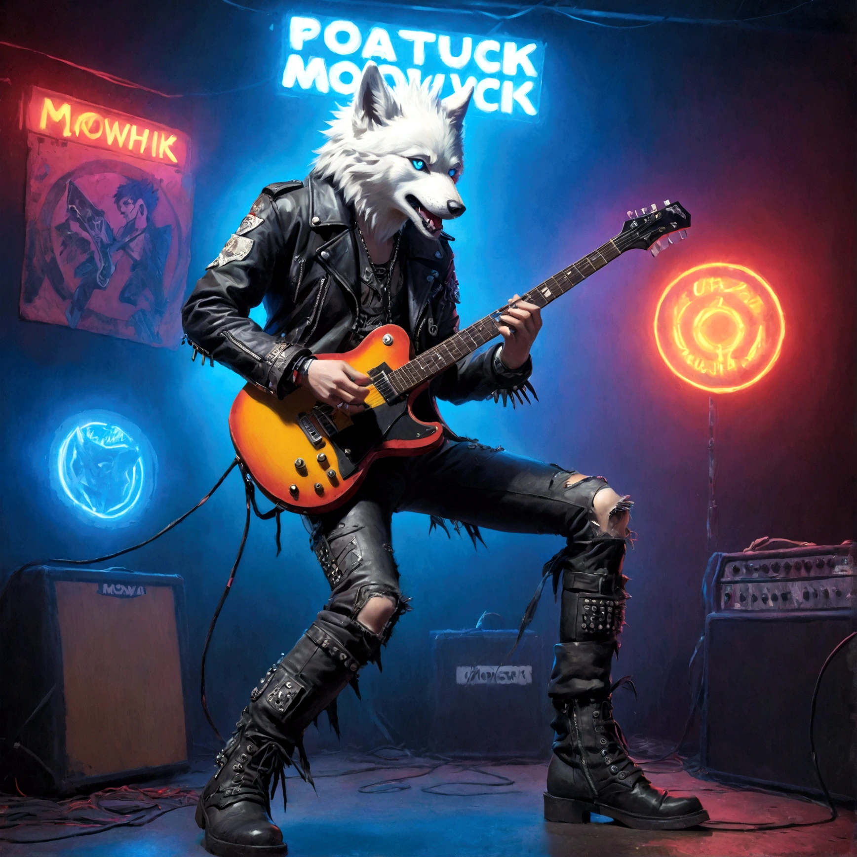 a white wolf with blue eyes wearing a punk outfit playing the lead guitar in a band, has blue mowhawk, has leather patched jacket, wearing torn boots, shredding on guitar, many multi colored neon lights