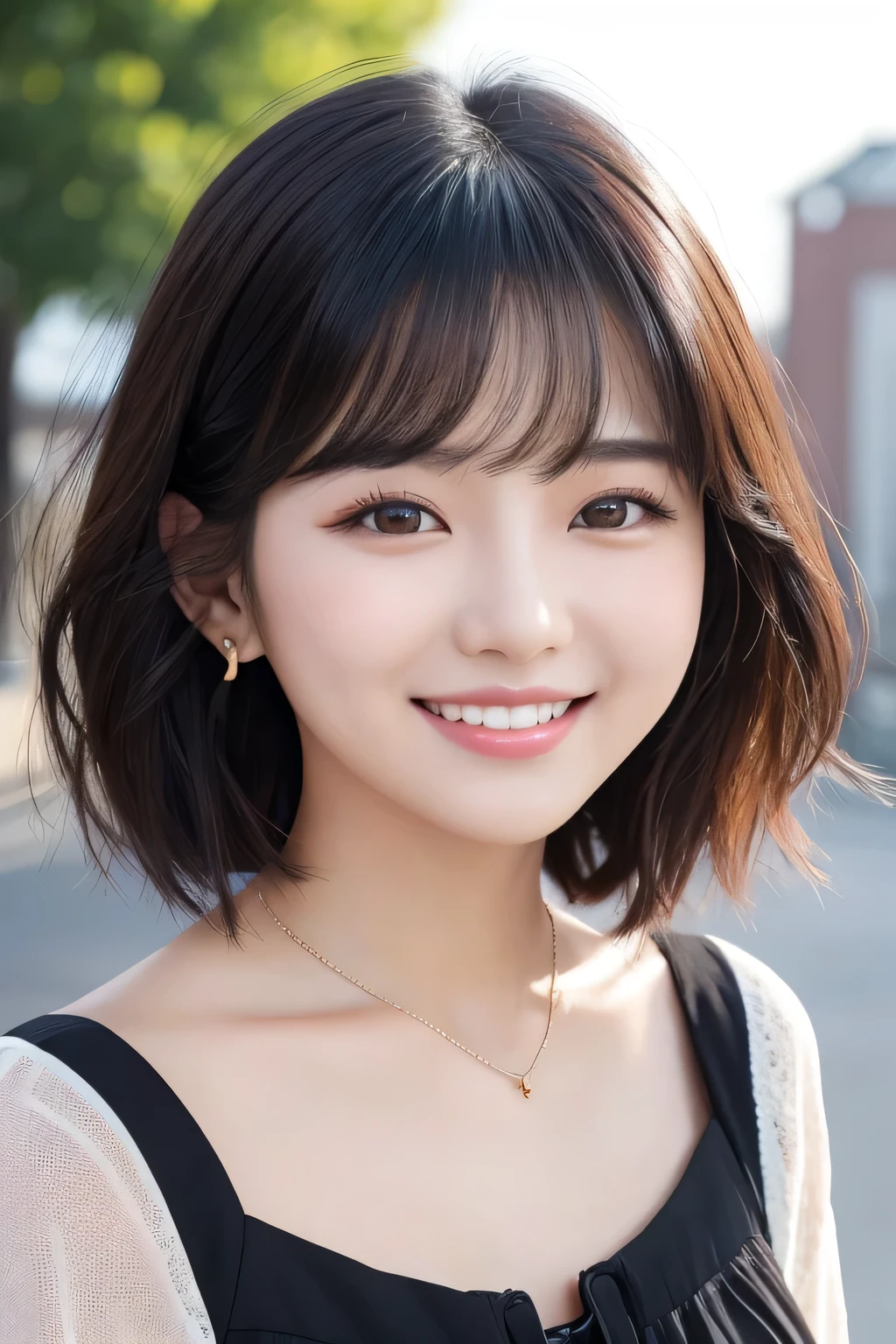 Beautiful young woman of the year、 Korean women、Black Hair、Wavy Hair、short hair、ear piercing、Necklace around the neck、blouse、smile, Beautiful teeth alignment、Intricate details, Very detailed:1.2), 、 Looking into the camera,The background is the town