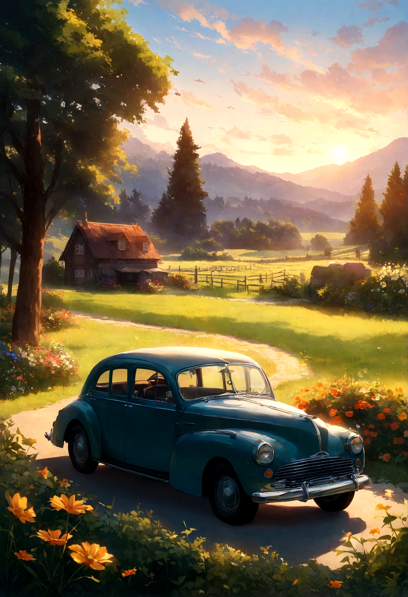 In a tranquil countryside setting reminiscent of a Studio Ghibli animation, a charming house stands peacefully among rolling green hills. The house, with its thatched roof and flower-filled garden, exudes a sense of warmth and coziness. In front of the house, a vintage car is parked, its polished exterior gleaming in the sunlight. The scene is framed by vibrant wildflowers and tall grasses that sway gently in the breeze. Far in the distance, majestic mountains rise against the horizon, their peaks reaching up to touch the sky adorned with fluffy, drifting clouds. The air is filled with the gentle sounds of nature—the rustling of leaves, the distant song of birds, and the soft whisper of the wind. Bathed in the golden light of the late afternoon sun, the scene captures the serene beauty and simple elegance of rural life, inviting viewers to lose themselves in its peaceful and enchanting atmosphere.
sampler