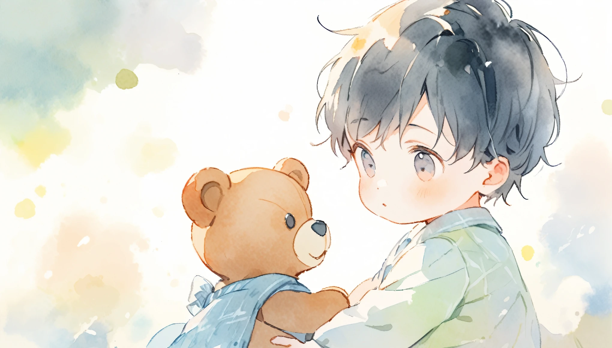 -yead boyth black hair, watercolor, pale colors. teddy bear.