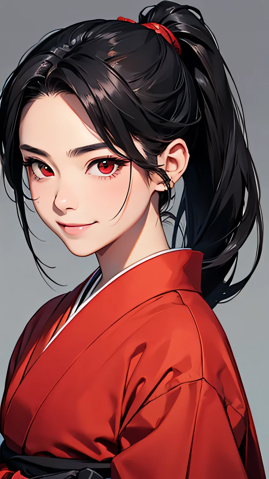 highest quality、Realistic、Women、Japanese、zoom、Black Hair、Red eyes、ponytail、Hakama、Grim face、Looking down、smile、Bust Shot、