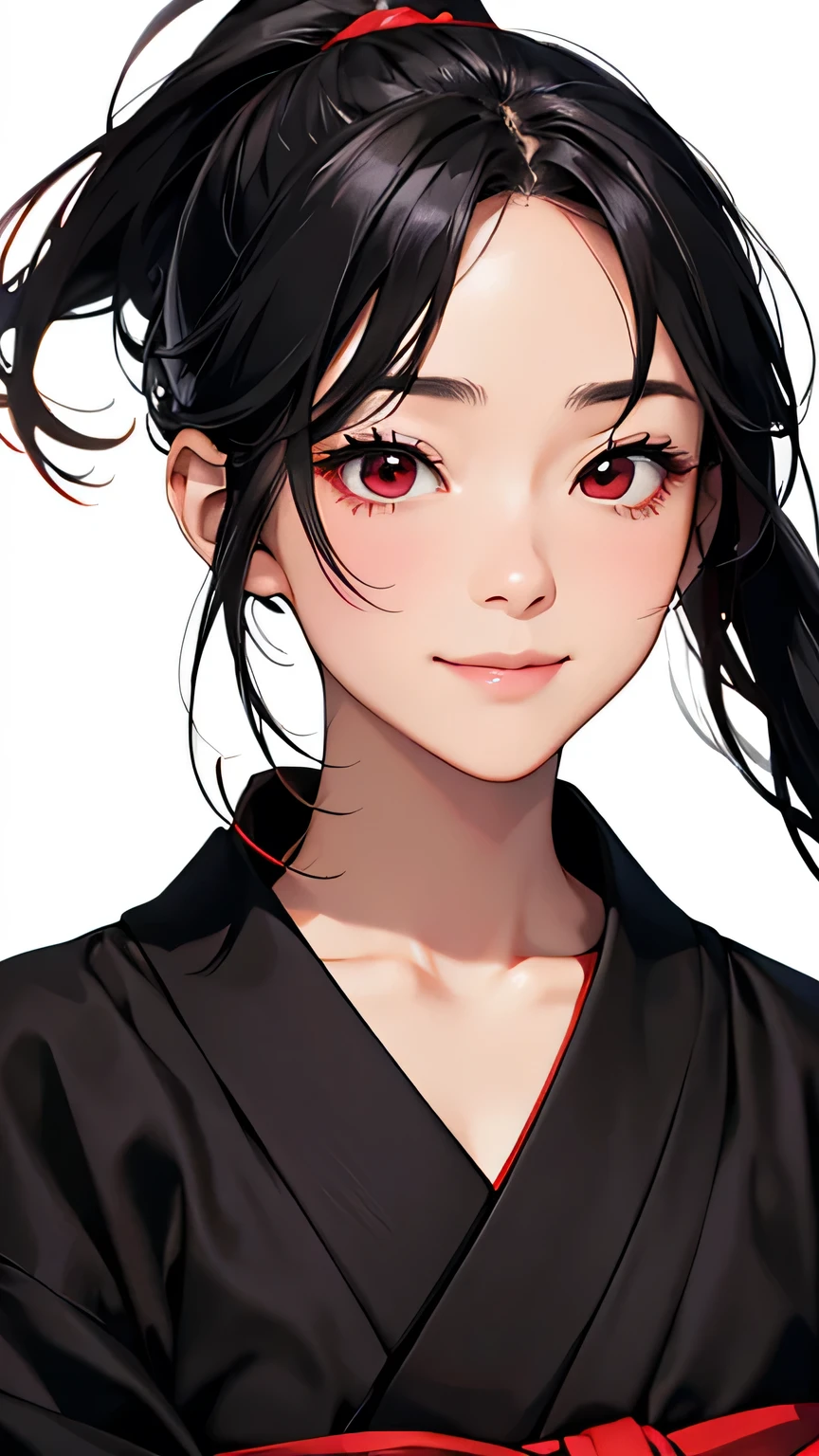 highest quality、Realistic、Women、Japanese、zoom、Black Hair、Red eyes、ponytail、Hakama、Grim face、Looking down、smile、Bust Shot、　