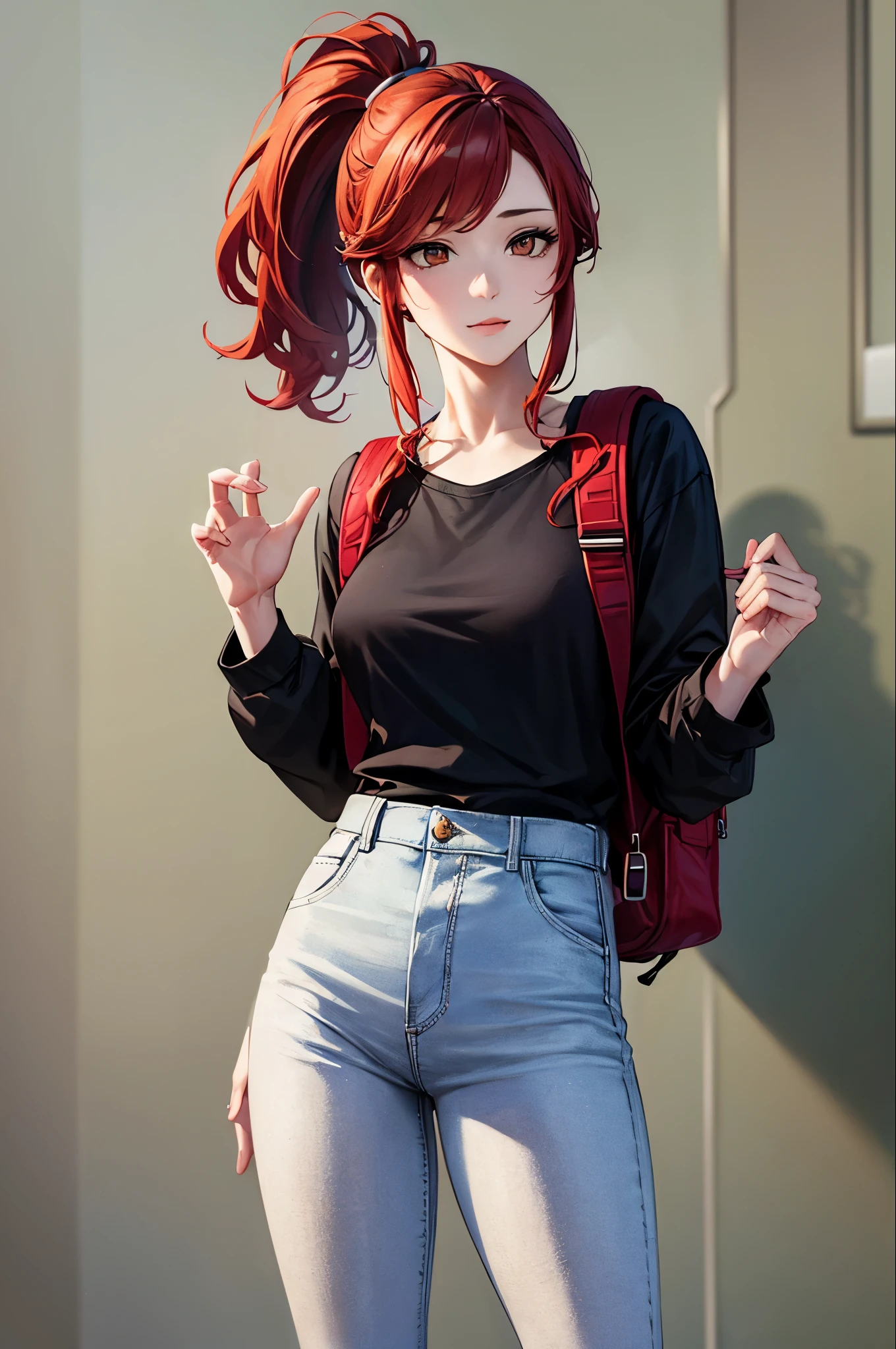 (draw) ((masterpiece, highest quality)) ,Woman with long hair, Redhead with ponytail hairstyle, Brown eyes, Zippered long sleeve T-shirt, White shirt and jeans, Backpack, Stand and relax