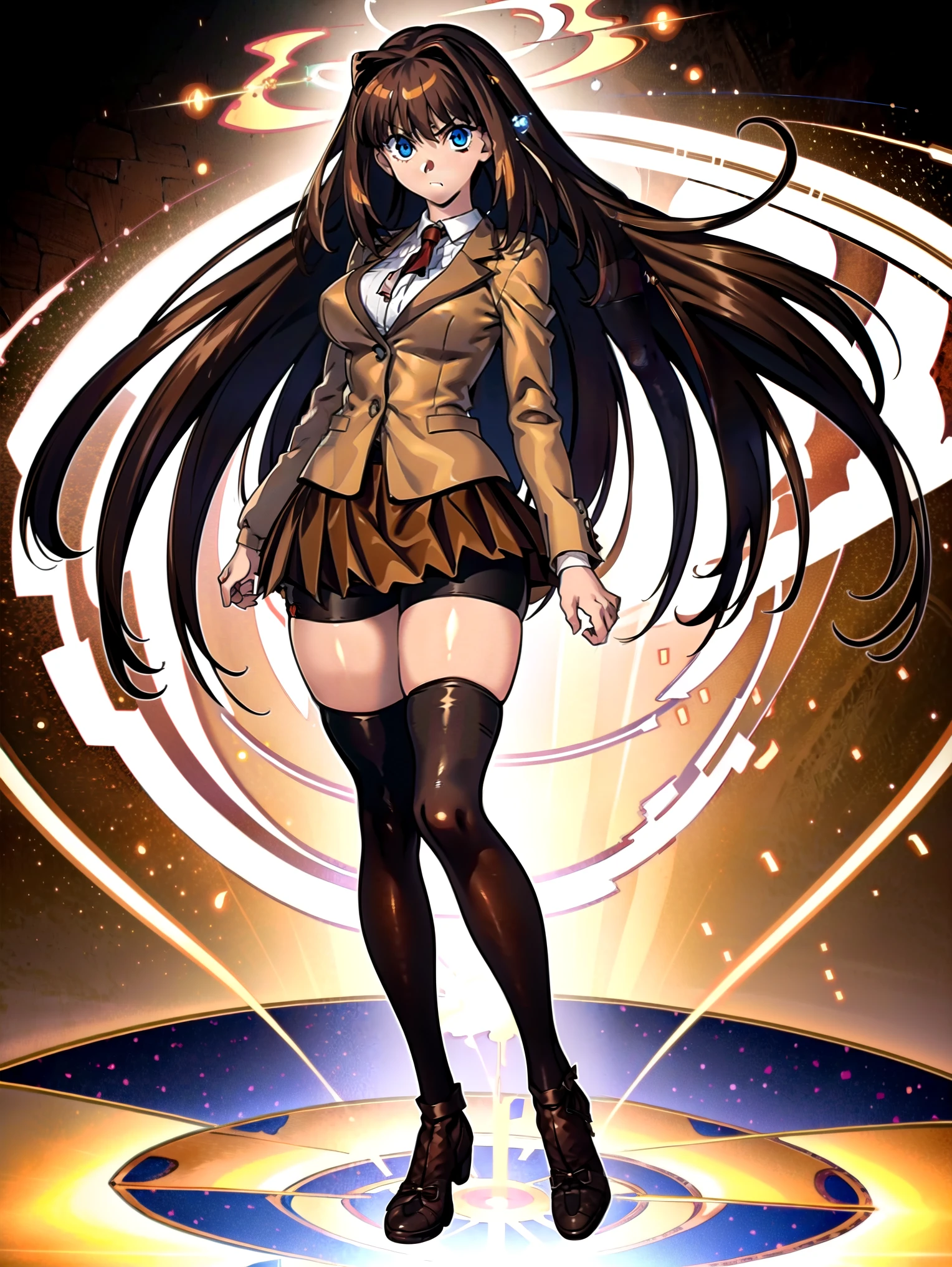 BREAK, centered, BREAK, (EMPTY BACKGROUND), BREAK, (masterpiece), best quality, highest resolution, 8k, illustration, (beautiful detailed eyes:1.5), perfectface, extremely detailed body, CG, perfect hands, perfect anatomy, ((1girl)), ((solo)), (((bbaoko))), ((2 legs max)), ((2 feet max:1.5)), ((swirling vortex shaped longest brown hair:1.5)), (brown longest hair with slightly reddish undertone:1.6), (lush luscious longest brown hair:1.6), (very long voluminous longest brown hair:1.5), serious, blue eyes, red bowtie, (Form-fitting beige blazer:1.5), brown jacket, (highly detailed beautiful face:1.2), ((Flowing skirt), Wind, (white shirt:1), (well shaped large breasts:1.6), (nice hips:1), pretty legs, ((thigh-high black stockings:1.6)), (((flowing Umber pleated skirt:1.6))), (((large bike-shorts:1.6))), (toned visible skin thighs:1.6), (strap shoes brown color), (facing front:1.5), ((standing straight:1.5)), ((Fullbody in frame:1.5)), ((Full body:1.5)), (takeuchi takashi:1.3)