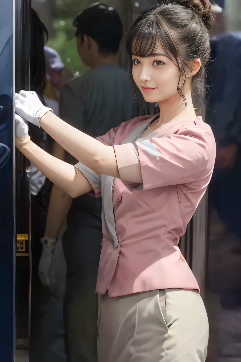 (masterpiece:1.2, highest quality:1.2), 32K HDR, High resolution, (alone、1 girl)、(On the rooftop of a building in the daytime、Professional Lighting)、Building rooftop background、(Nankai train crew uniform pinkを着たリアルスタイル)、(Nankai train crew uniform pink short sleeve pink jacket、Nankai Train Crew Uniform Pink Collarless Short Sleeve Blouse、Nankai Train Crew Uniform Pink Grey Knee-length Culottes)、Dark brown hair、(Hair tied up、Hair Bun、Hair Bun)、Dark brown hair、Long Shot、Big Breasts、Thin legs、((Great hands:2.0)),((Harmonious body proportions:1.5)),((Normal limbs:2.0)),((Normal finger:2.0)),((Delicate eyes:2.0)),((Normal eyes:2.0)))、smile、(Nankai Train Crew Uniform Pink Grey Knee-length Culottesを見せた美しい歩く姿)、Place your hands around your stomach、