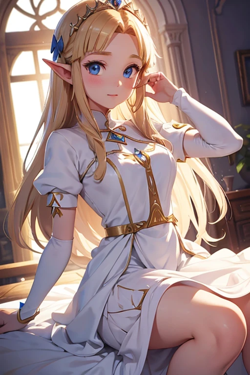 Young elf girl, blonde hair, blue eyes, pointed ears detailed shiny oiled skin, white sundress, white thighighs, golden jewelery, golden collar with chain, sheer thin white clothing, delicate clothes, sapphire
