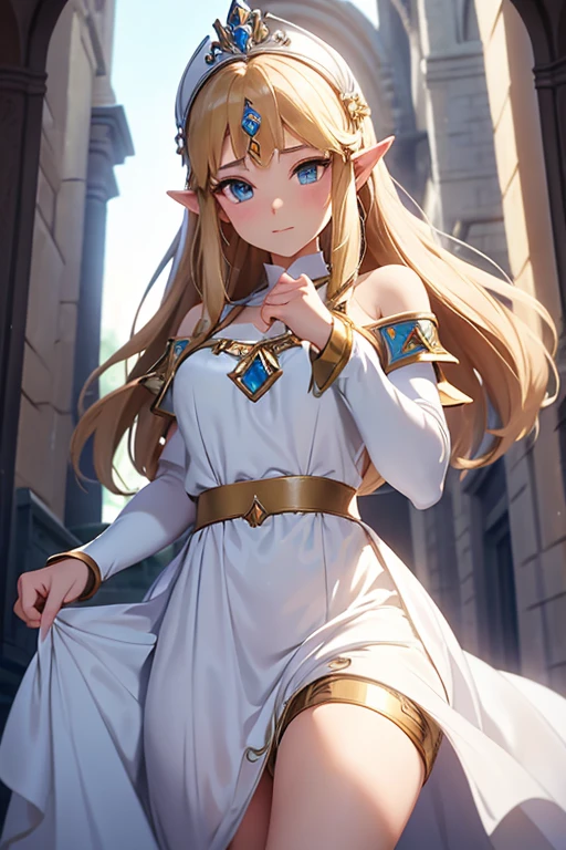 Princess Zelda in a white dress lifting up her skirt to the camera